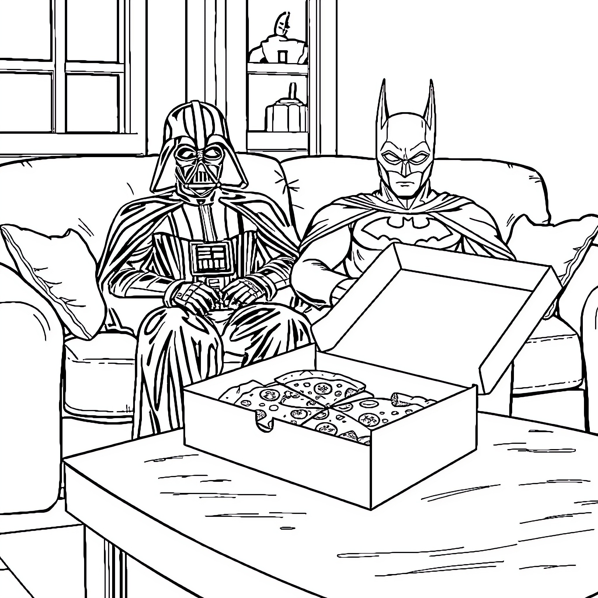Darth Vader and Batman Enjoy Pizza Night Coloring Page (free black-and-white line drawing printable PDF for all, from beginners to advanced learners, including children, teens, adults, and seniors)