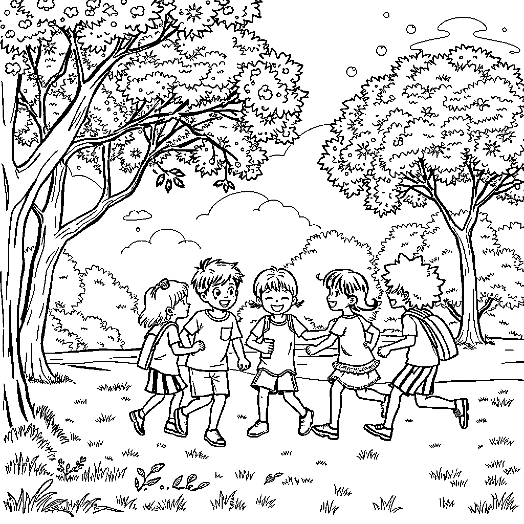 Kid friends playing in the park Coloring Page (free black-and-white line drawing printable PDF for all, from beginners to advanced learners, including children, teens, adults, and seniors)