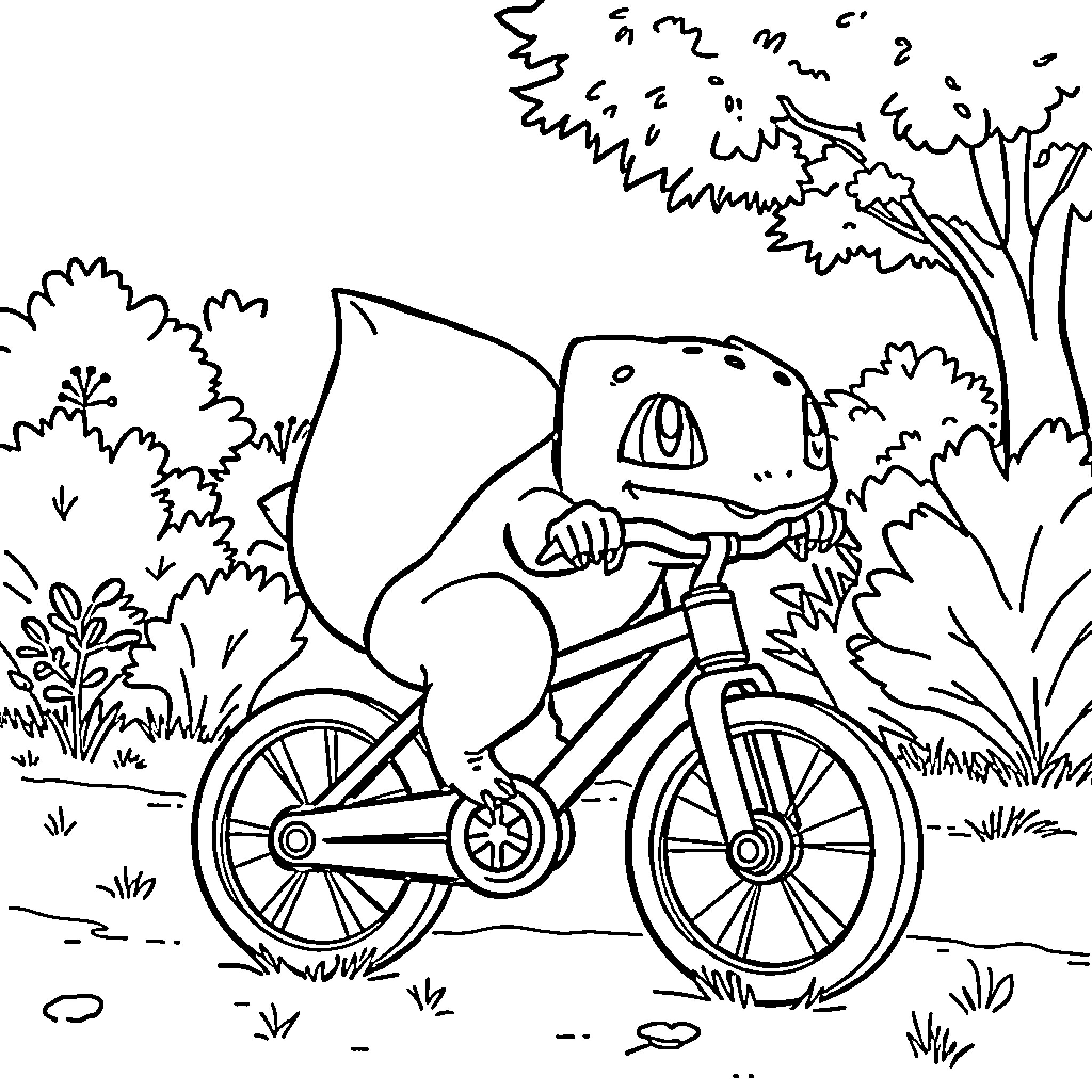 Bulbasaur riding a bicycle through nature Coloring Page (free black-and-white line drawing printable PDF for all, from beginners to advanced learners, including children, teens, adults, and seniors)