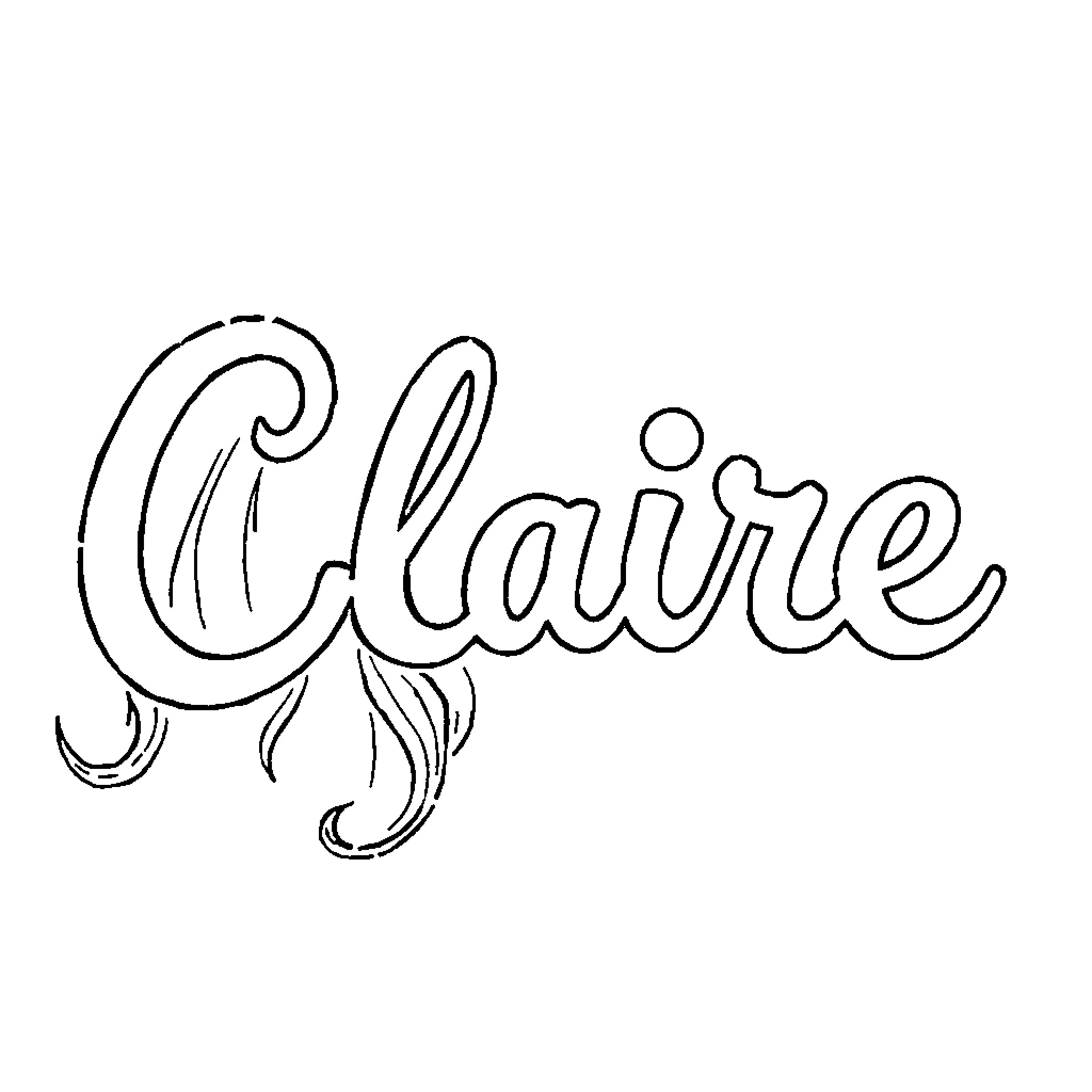 Claire's Whimsical Name Design Coloring Page (free black-and-white line drawing printable PDF for all, from beginners to advanced learners, including children, teens, adults, and seniors)