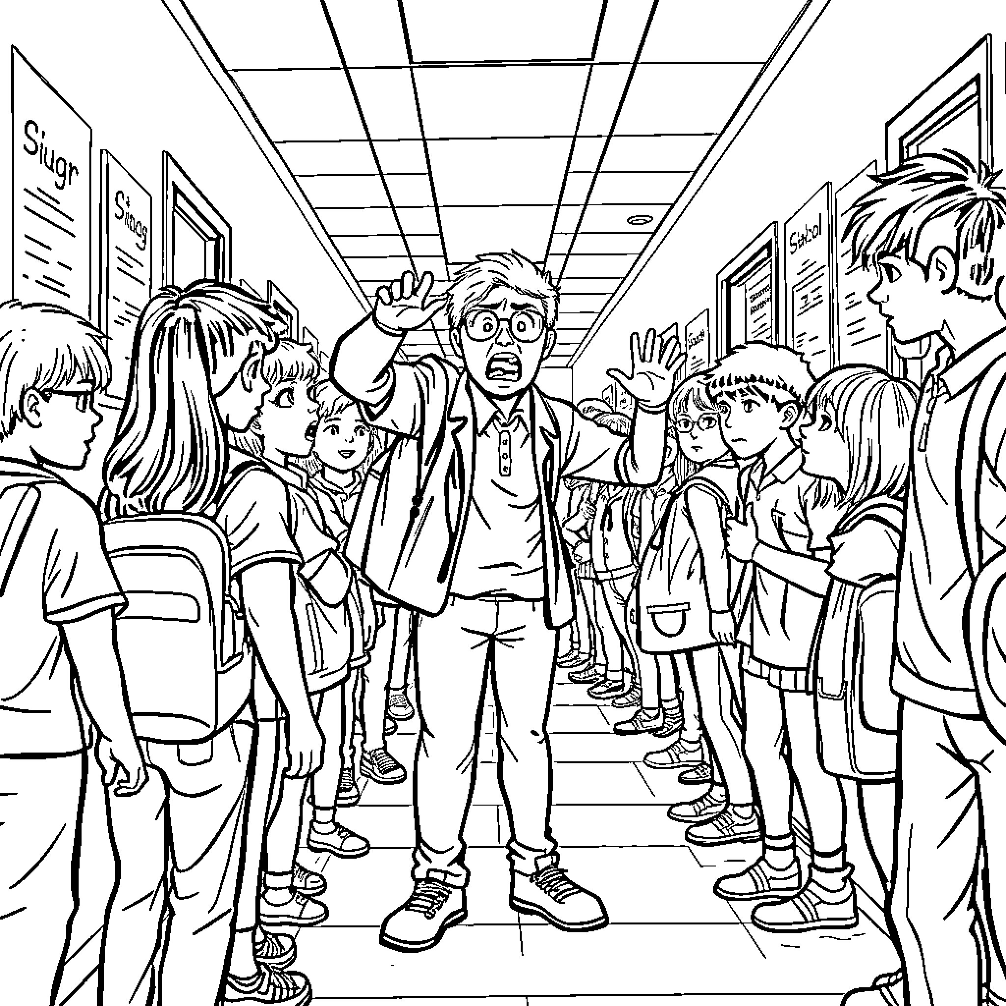 Student navigating through a crowded school hallway Coloring Page (free black-and-white line drawing printable PDF for all, from beginners to advanced learners, including children, teens, adults, and seniors)
