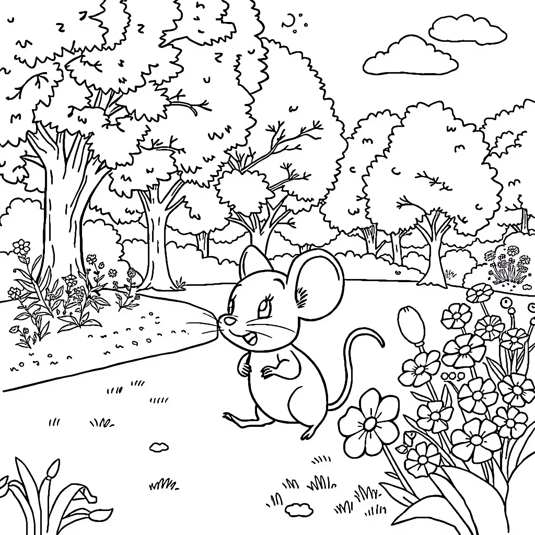 Mini Mouse enjoying a peaceful day in the forest Coloring Page (free black-and-white line drawing printable PDF for all, from beginners to advanced learners, including children, teens, adults, and seniors)