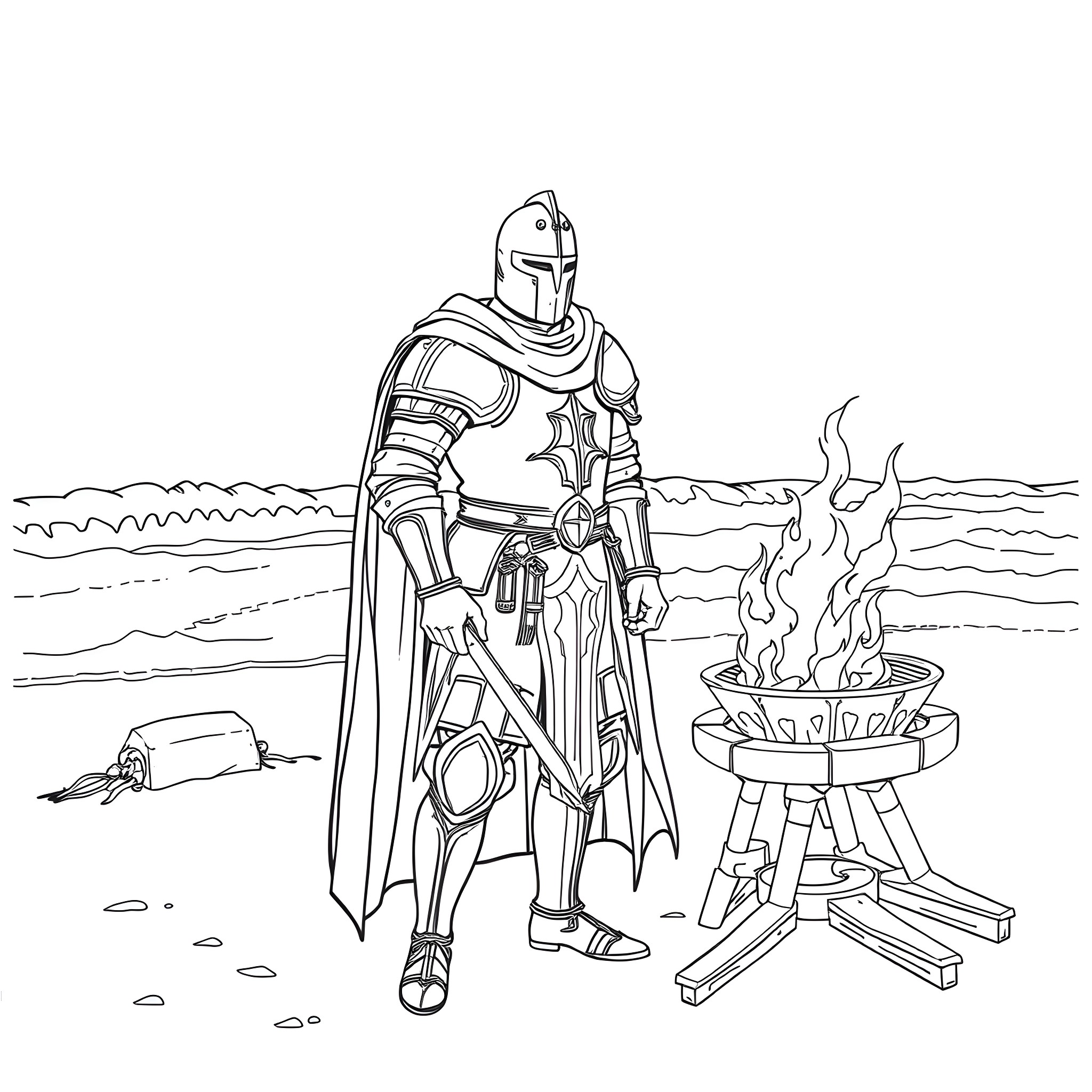 Knight standing guard by the campfire Coloring Page (free black-and-white line drawing printable PDF for all, from beginners to advanced learners, including children, teens, adults, and seniors)