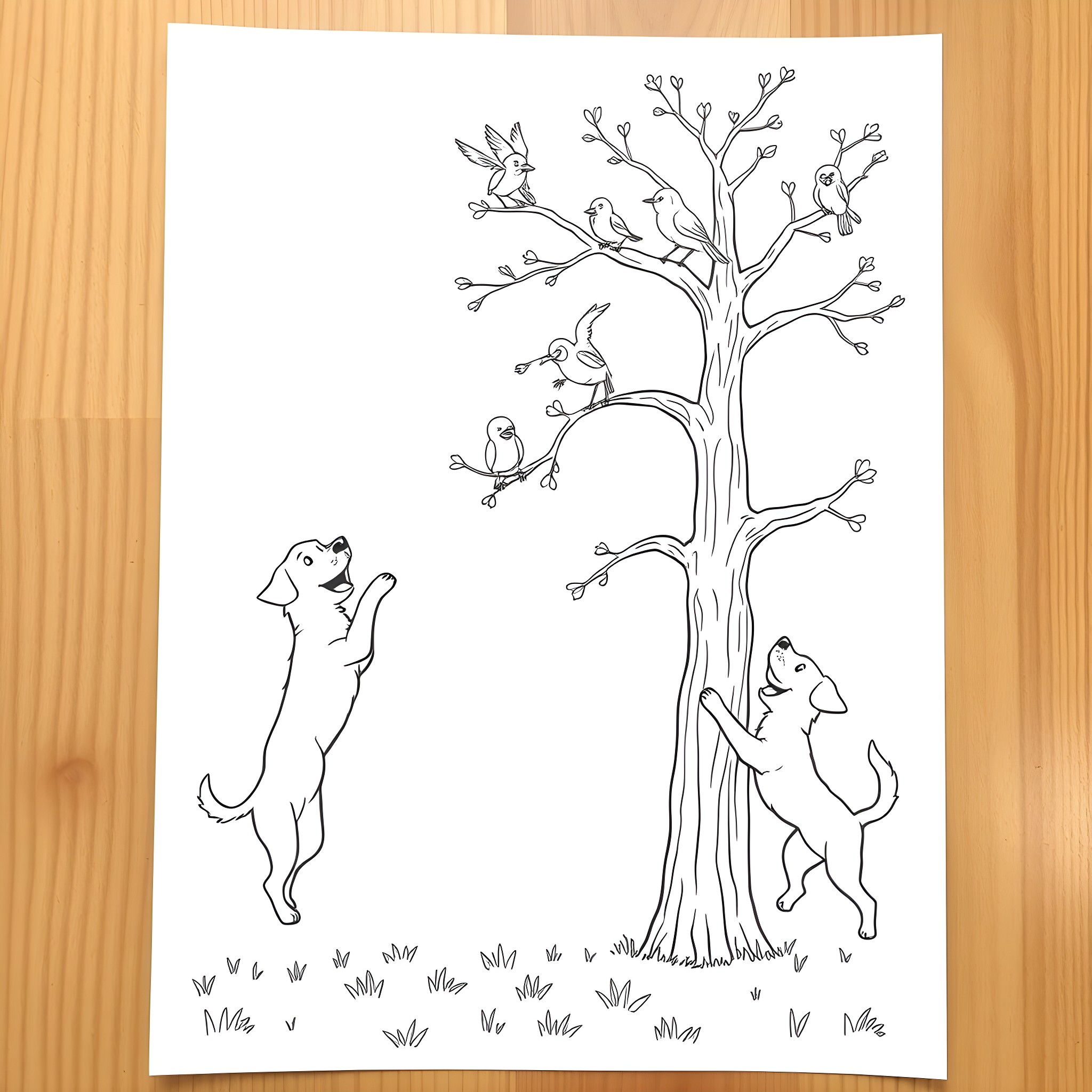 Dog Playing with Friends in a Tree Coloring Page (free black-and-white line drawing printable PDF for all, from beginners to advanced learners, including children, teens, adults, and seniors)