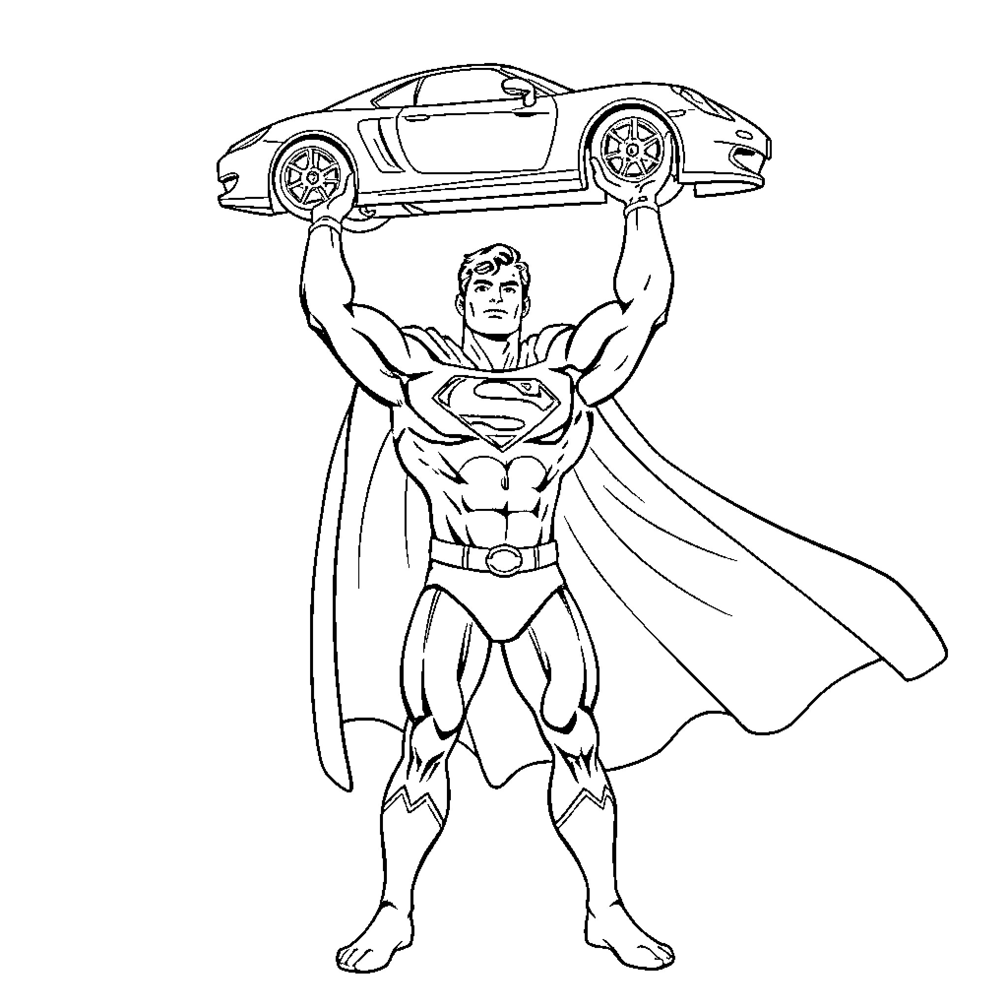 Superman lifting a car with superhuman strength Coloring Page (free black-and-white line drawing printable PDF for all, from beginners to advanced learners, including children, teens, adults, and seniors)