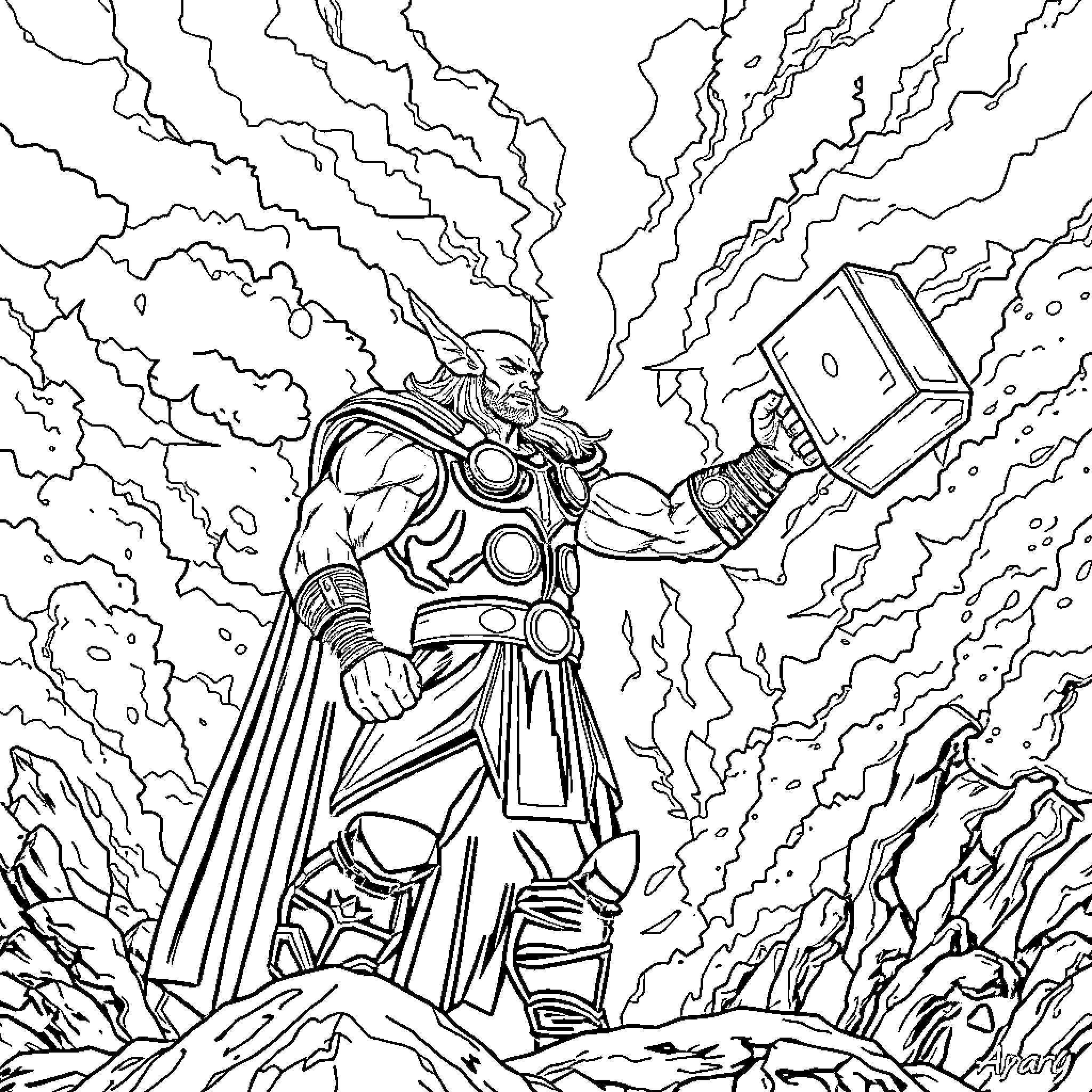 Thor Unleashing Mighty Hammer in Epic Thunderstorm Coloring Page (free black-and-white line drawing printable PDF for all, from beginners to advanced learners, including children, teens, adults, and seniors)