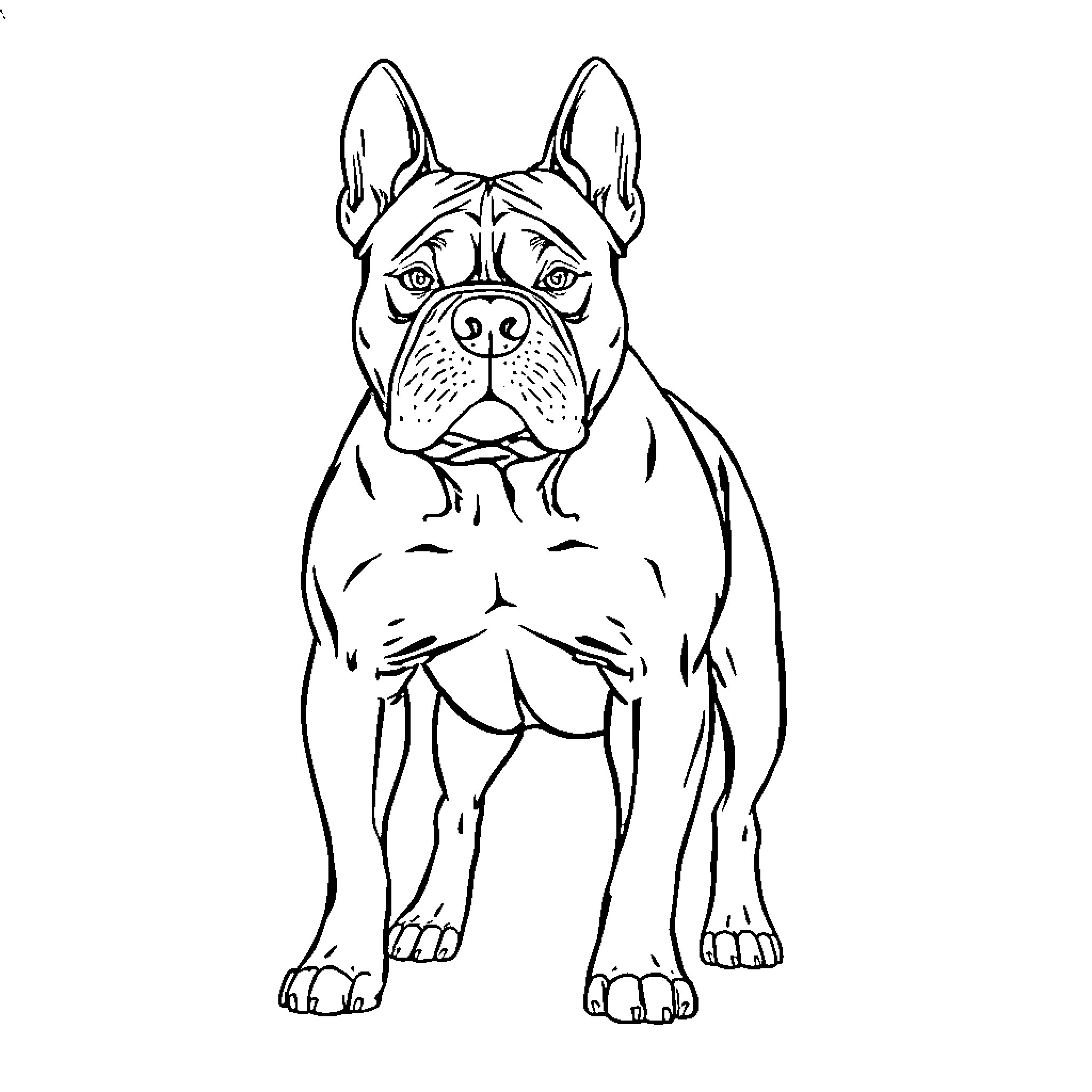 Bully French Bulldog with Piercing Gaze Coloring Page (free black-and-white line drawing printable PDF for all, from beginners to advanced learners, including children, teens, adults, and seniors)