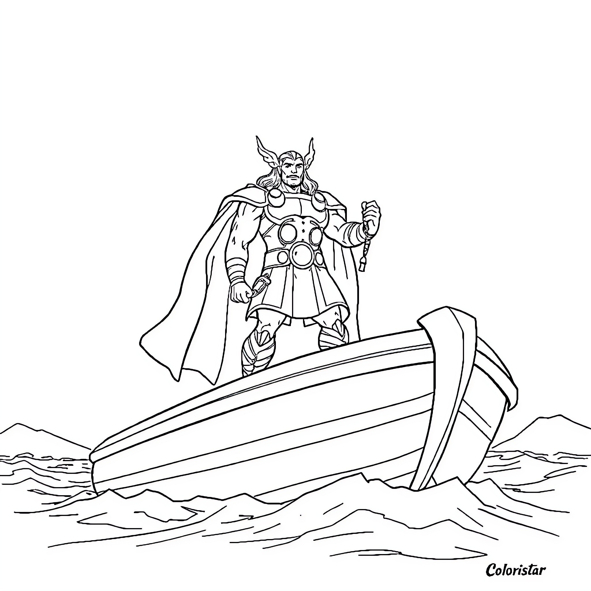 Thor Standing Atop the Shipwreck Coloring Page (free black-and-white line drawing printable PDF for all, from beginners to advanced learners, including children, teens, adults, and seniors)