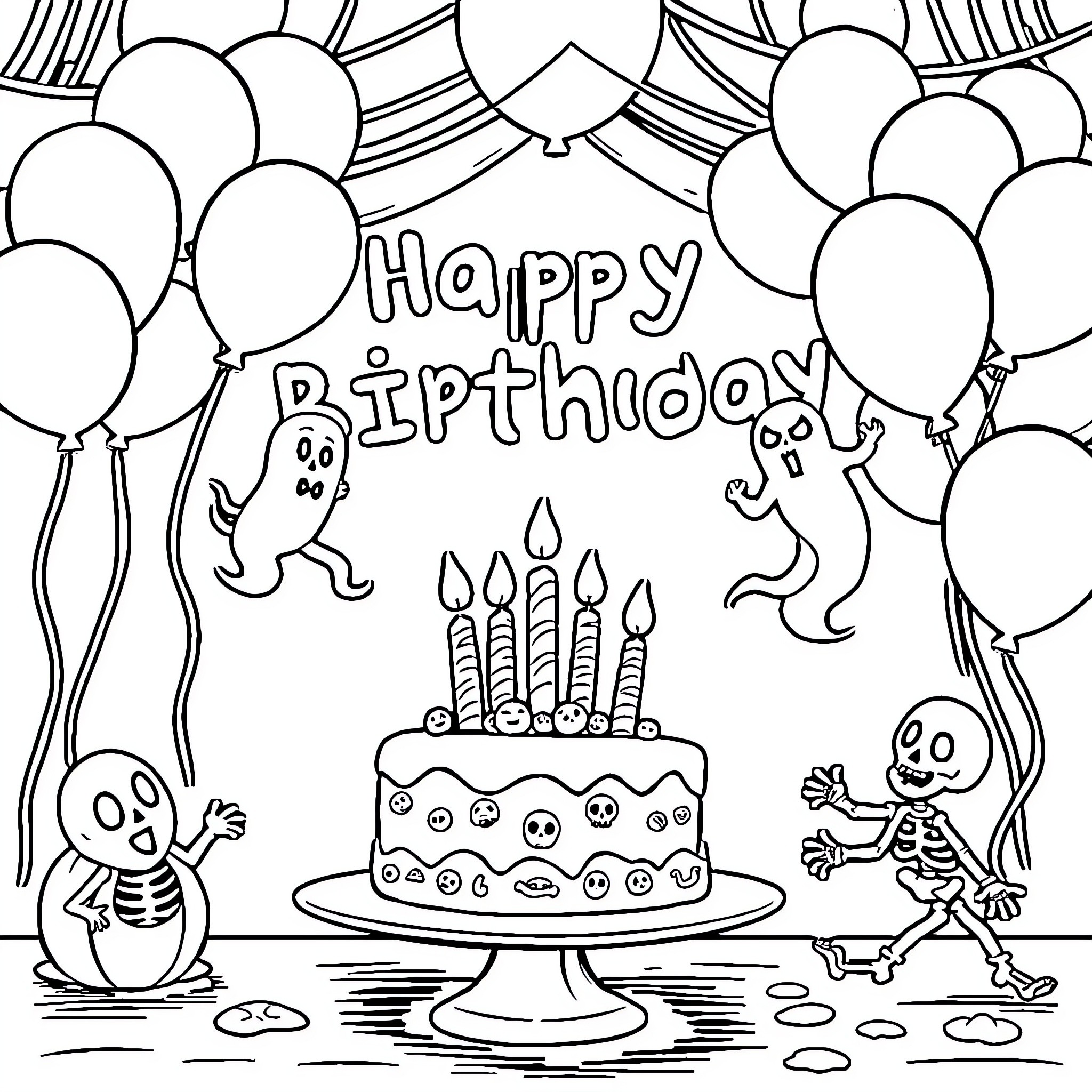 Birthday celebration with balloons and cake Coloring Page (free black-and-white line drawing printable PDF for all, from beginners to advanced learners, including children, teens, adults, and seniors)