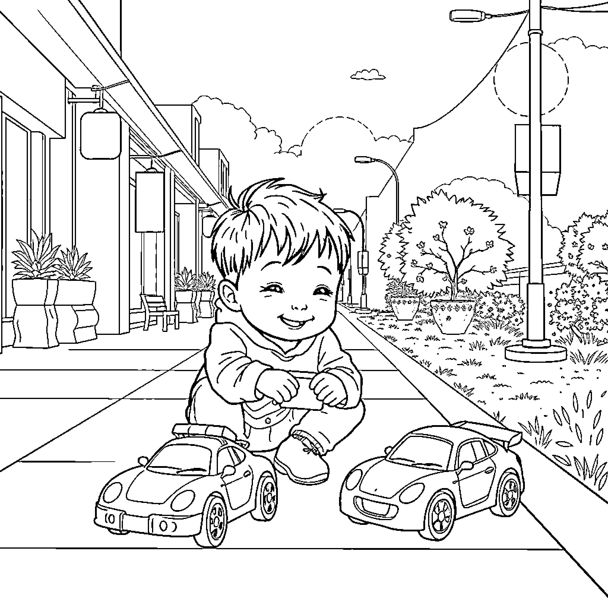 Kid plays happily with toy cars outdoors Coloring Page (free black-and-white line drawing printable PDF for all, from beginners to advanced learners, including children, teens, adults, and seniors)