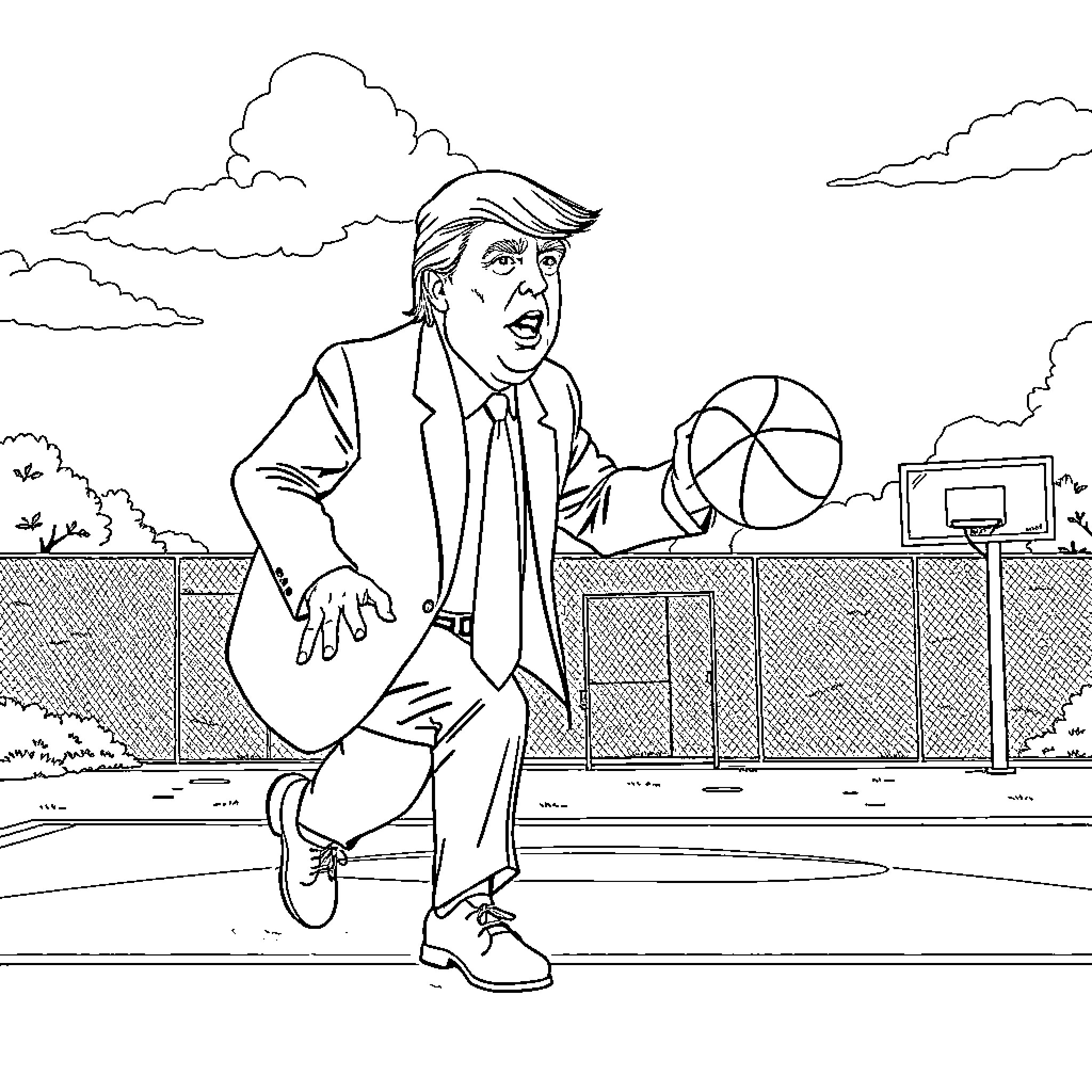 Trump dribbling basketball on outdoor court Coloring Page (free black-and-white line drawing printable PDF for all, from beginners to advanced learners, including children, teens, adults, and seniors)