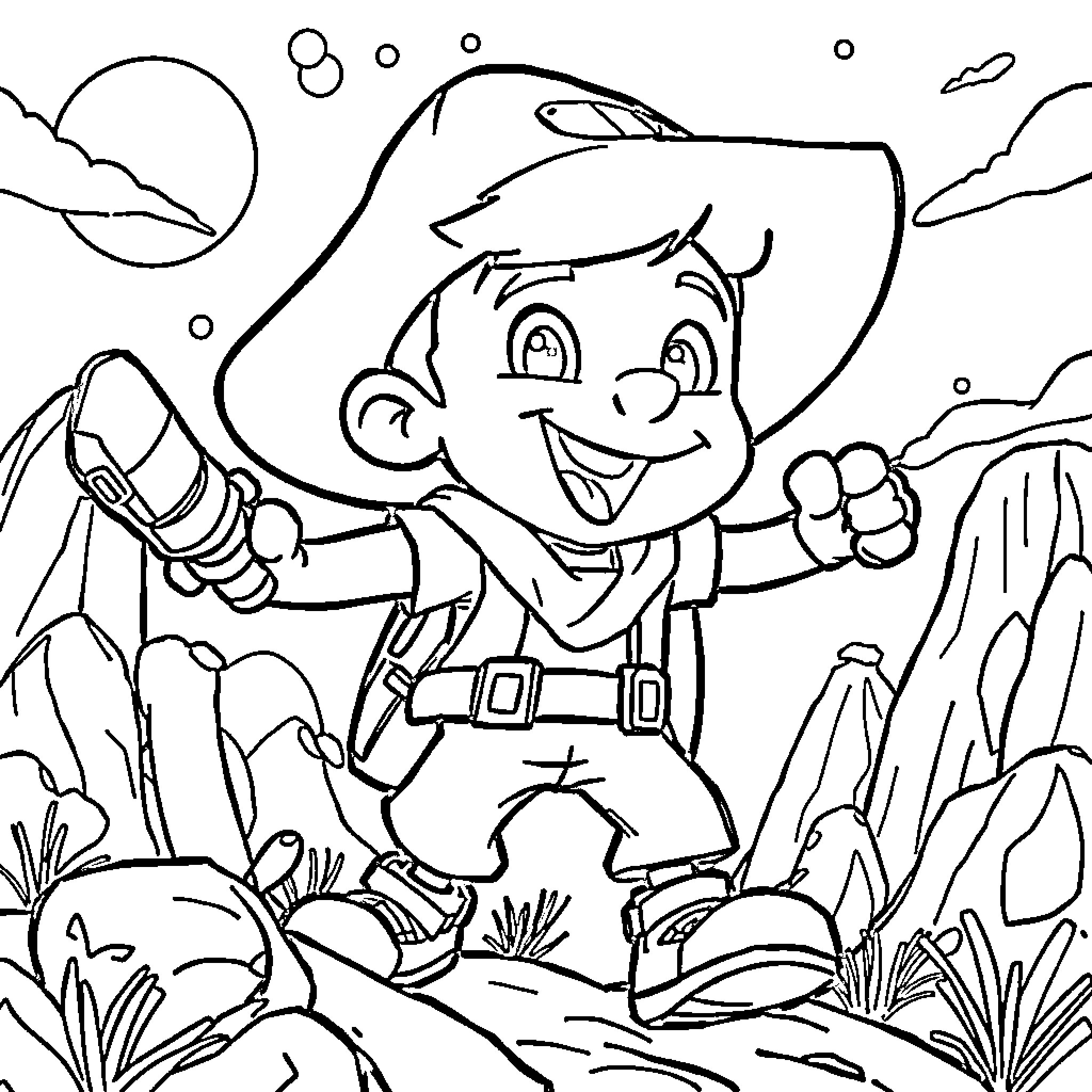 Alex the adventurous explorer in the wilderness Coloring Page (free black-and-white line drawing printable PDF for all, from beginners to advanced learners, including children, teens, adults, and seniors)
