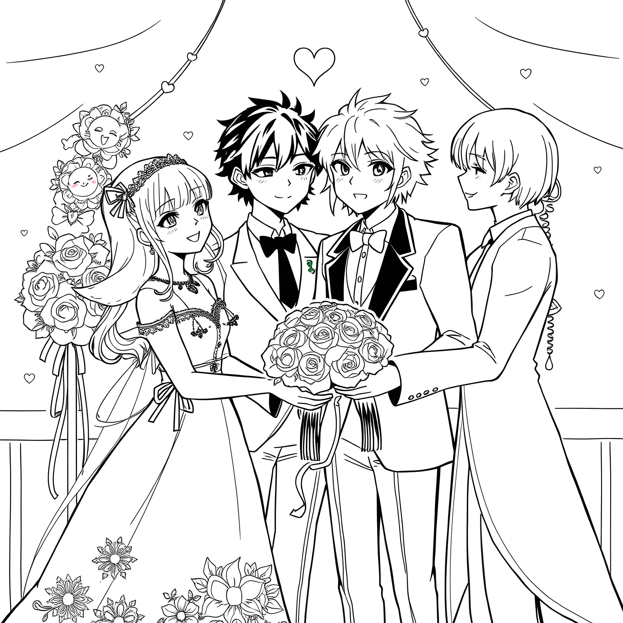 Yuri on Ice: Elegant Wedding Celebration Coloring Page (free black-and-white line drawing printable PDF for all, from beginners to advanced learners, including children, teens, adults, and seniors)