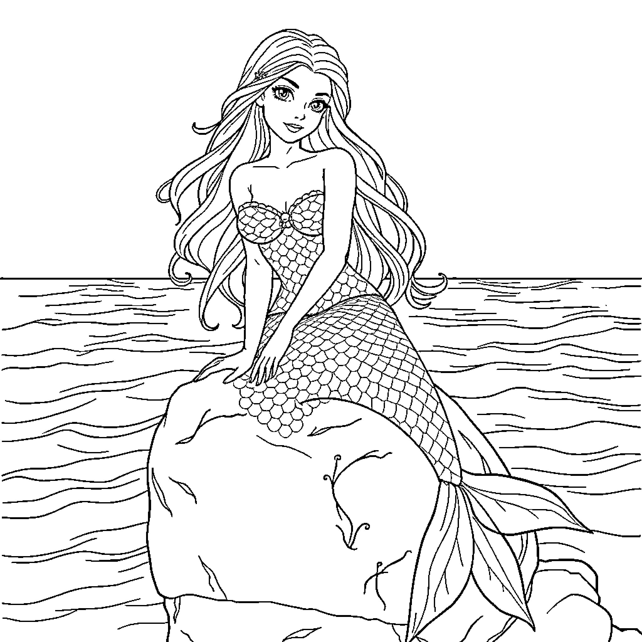 Mermaid exploring the ocean's depths Coloring Page (free black-and-white line drawing printable PDF for all, from beginners to advanced learners, including children, teens, adults, and seniors)