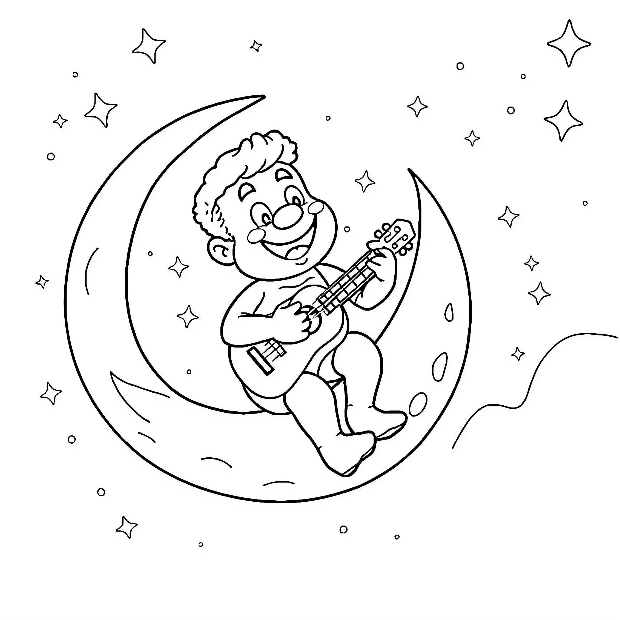 Wiino Francia: Jovial musician playing guitar on crescent moon Coloring Page (free black-and-white line drawing printable PDF for all, from beginners to advanced learners, including children, teens, adults, and seniors)