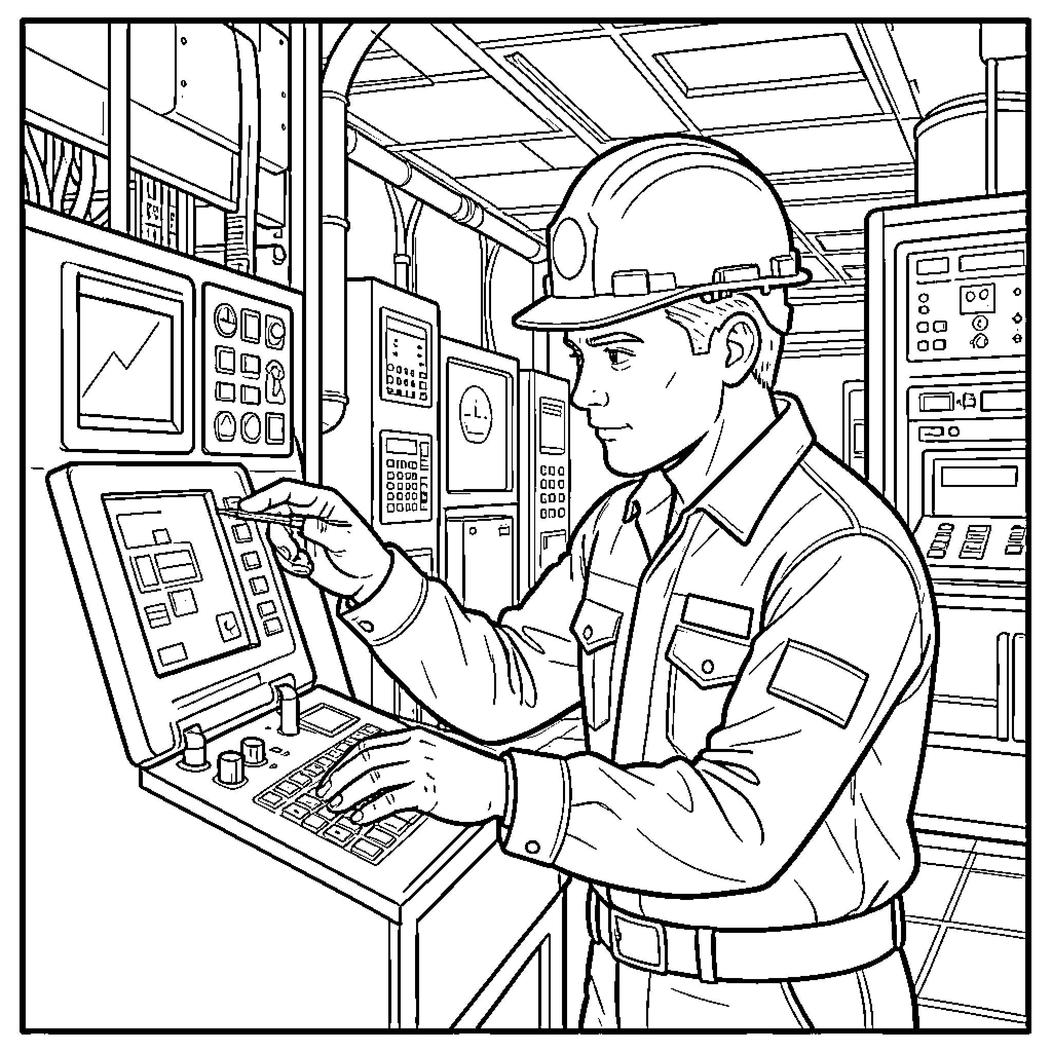Nuclear Technician operating complex control panel equipment Coloring Page (free black-and-white line drawing printable PDF for all, from beginners to advanced learners, including children, teens, adults, and seniors)