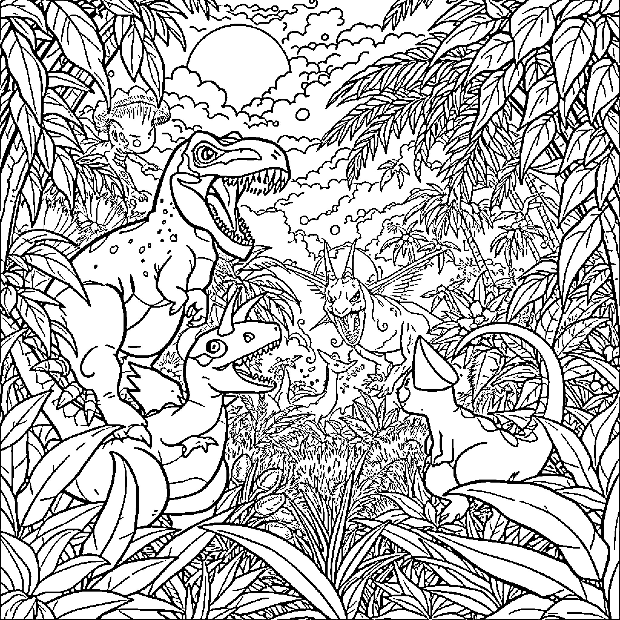 Pokémon Jungle Adventure with Dinosaur-like Creatures Coloring Page (free black-and-white line drawing printable PDF for all, from beginners to advanced learners, including children, teens, adults, and seniors)