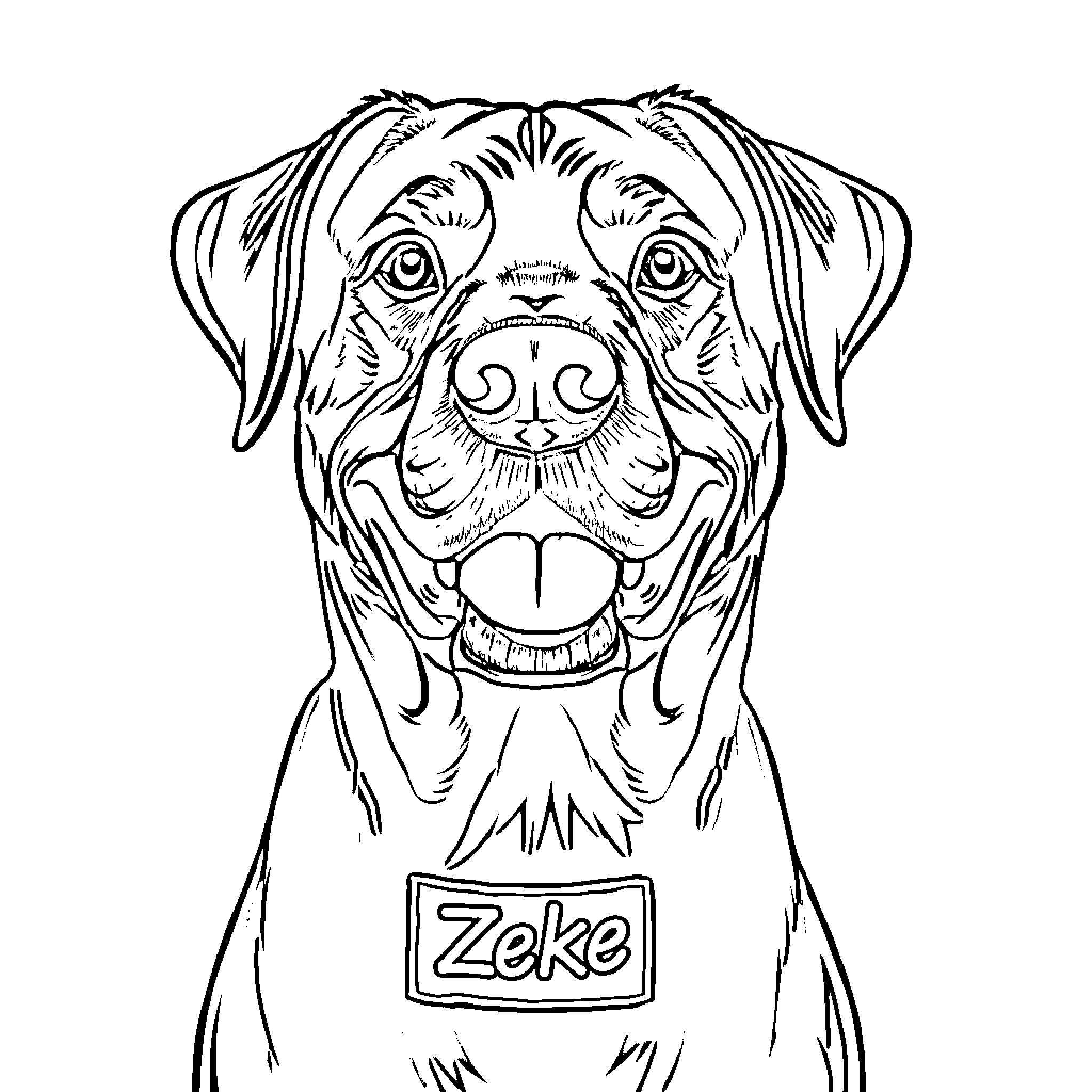 Dog with name tag posing happily Coloring Page (free black-and-white line drawing printable PDF for all, from beginners to advanced learners, including children, teens, adults, and seniors)