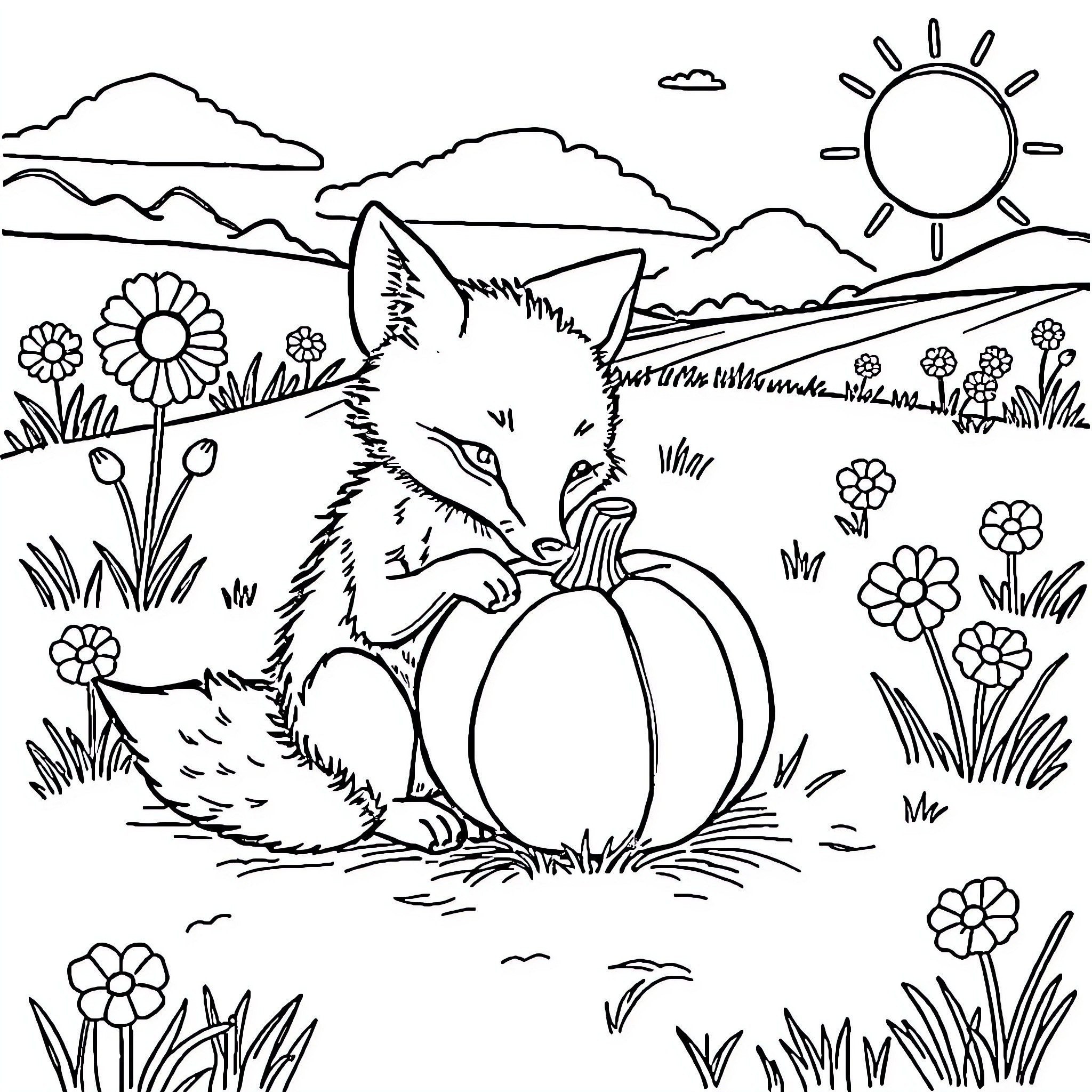 Fox Enjoying Nature's Tranquility Coloring Page (free black-and-white line drawing printable PDF for all, from beginners to advanced learners, including children, teens, adults, and seniors)