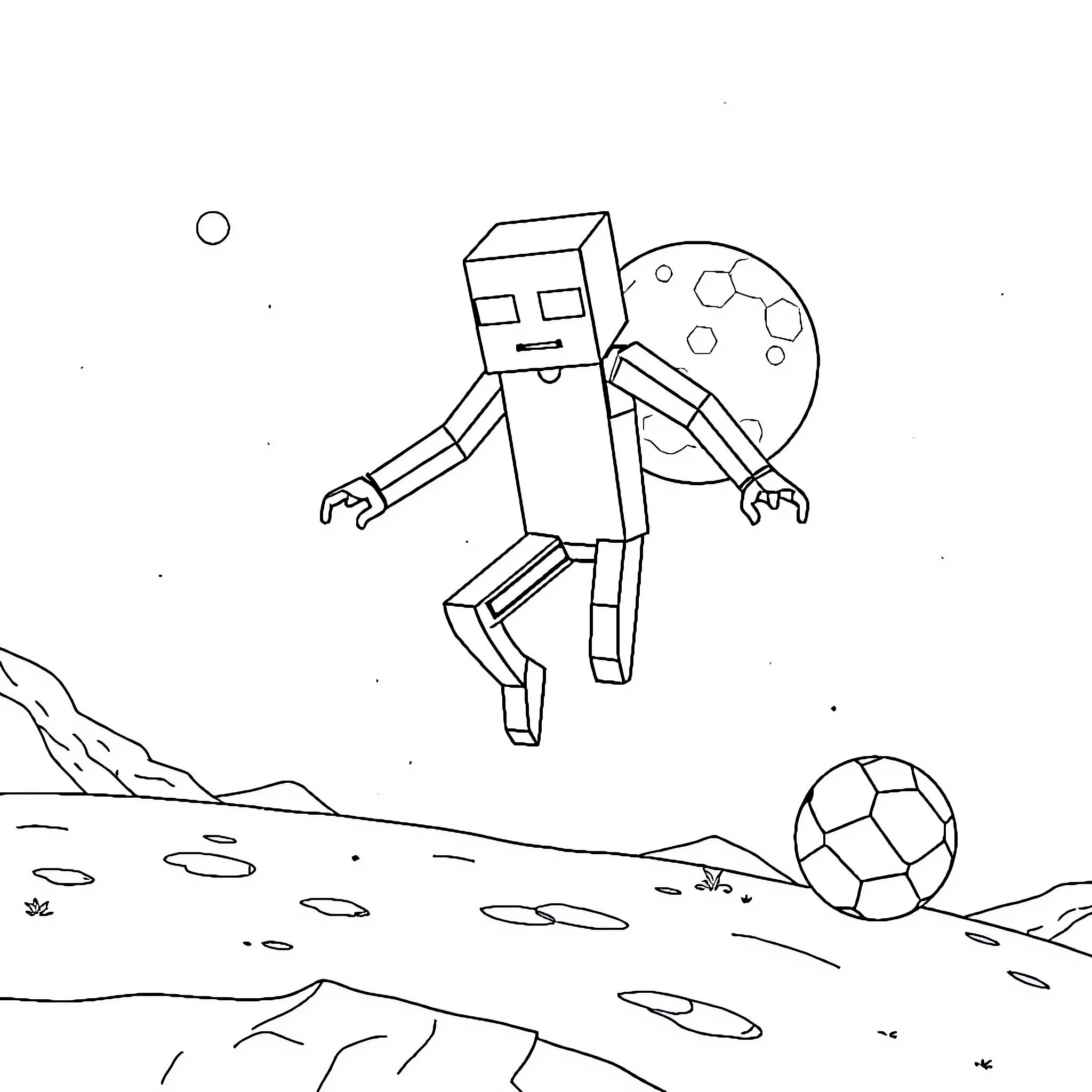 Enderman playing with soccer balls in the wilderness Coloring Page (free black-and-white line drawing printable PDF for all, from beginners to advanced learners, including children, teens, adults, and seniors)