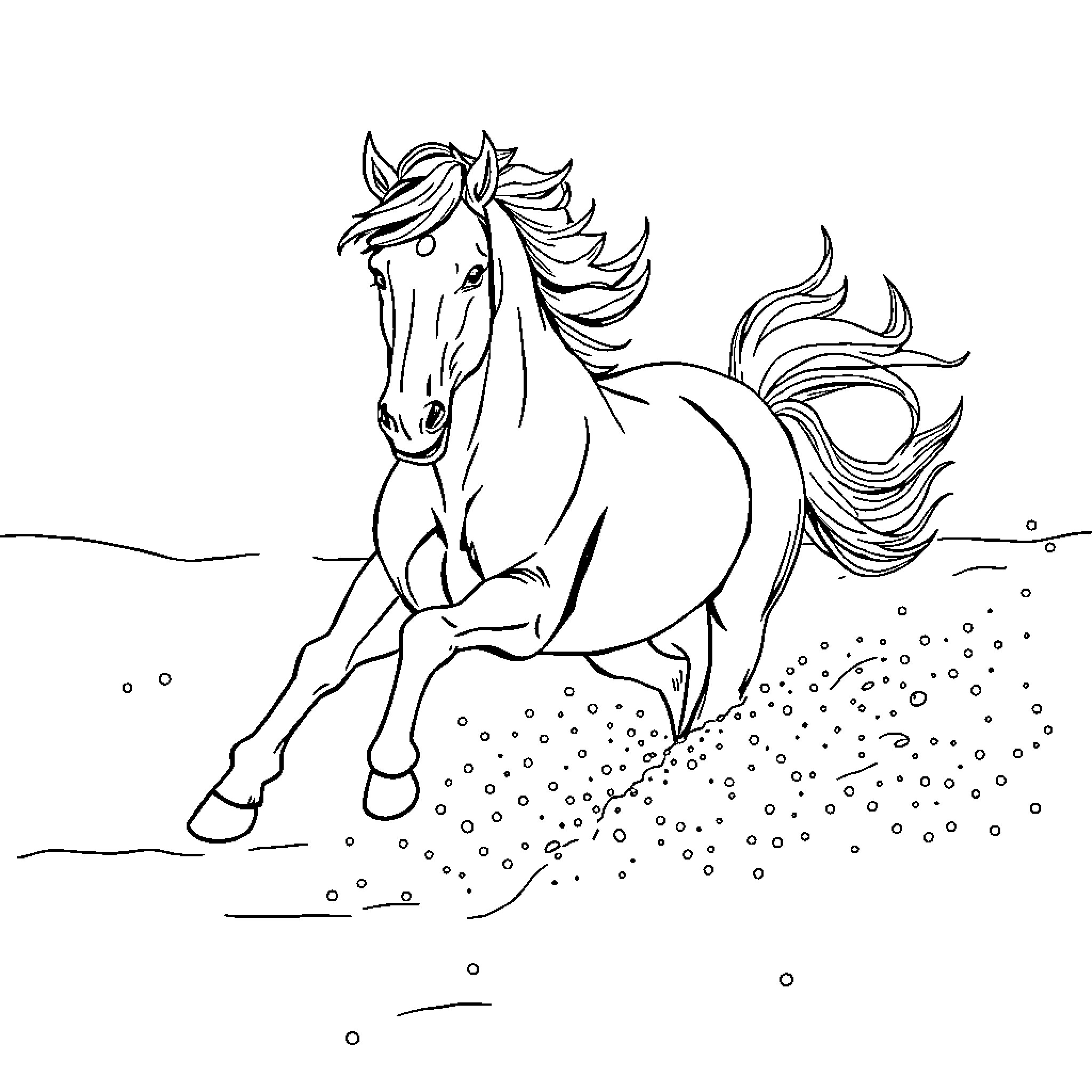 Horse running freely in the field Coloring Page (free black-and-white line drawing printable PDF for all, from beginners to advanced learners, including children, teens, adults, and seniors)