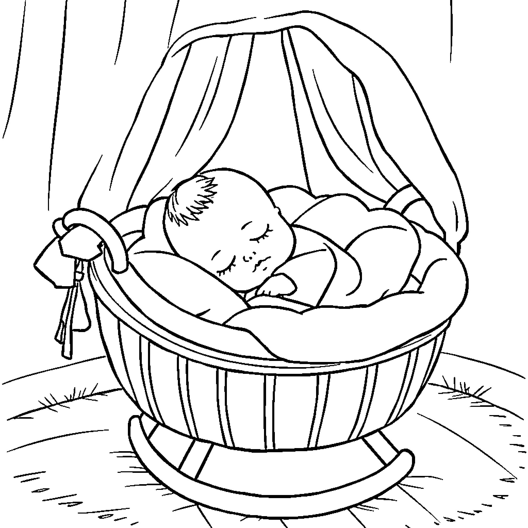 Baby sleeping peacefully in a wooden cradle Coloring Page (free black-and-white line drawing printable PDF for all, from beginners to advanced learners, including children, teens, adults, and seniors)