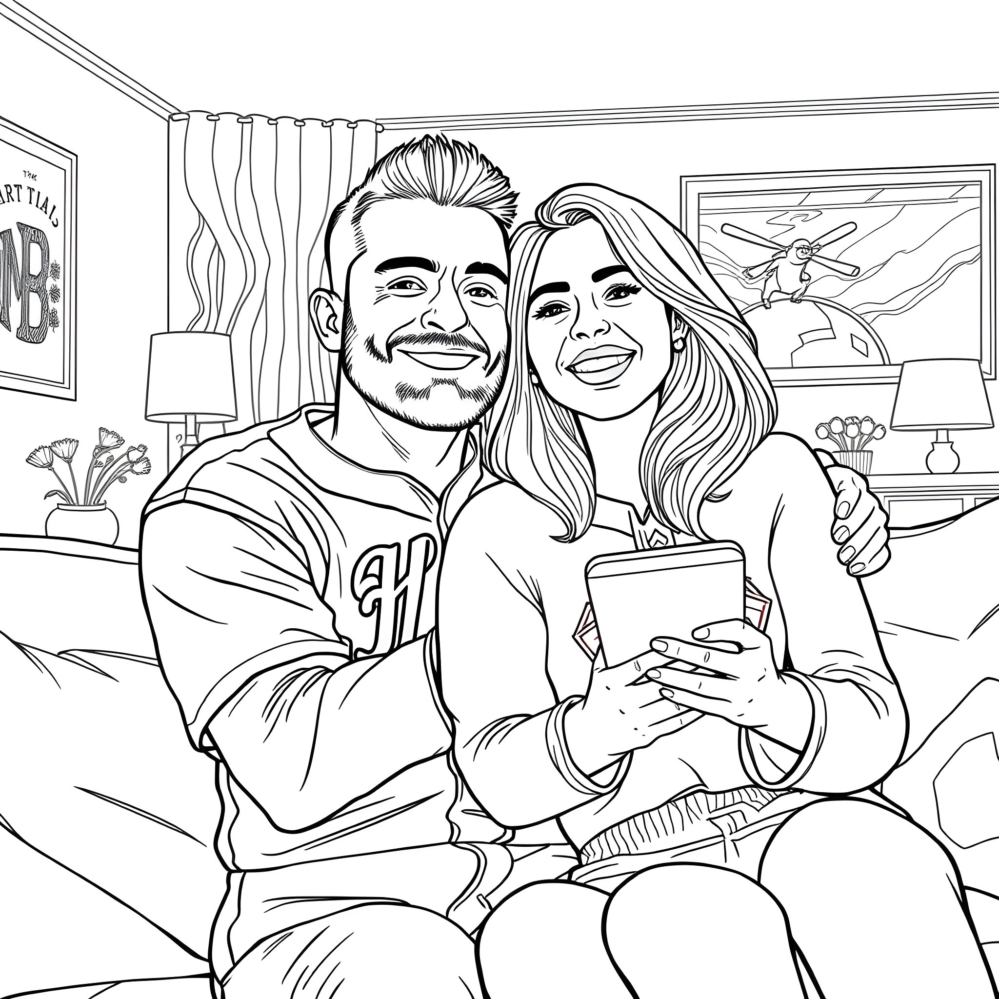 Husband and wife enjoying a moment together Coloring Page (free black-and-white line drawing printable PDF for all, from beginners to advanced learners, including children, teens, adults, and seniors)