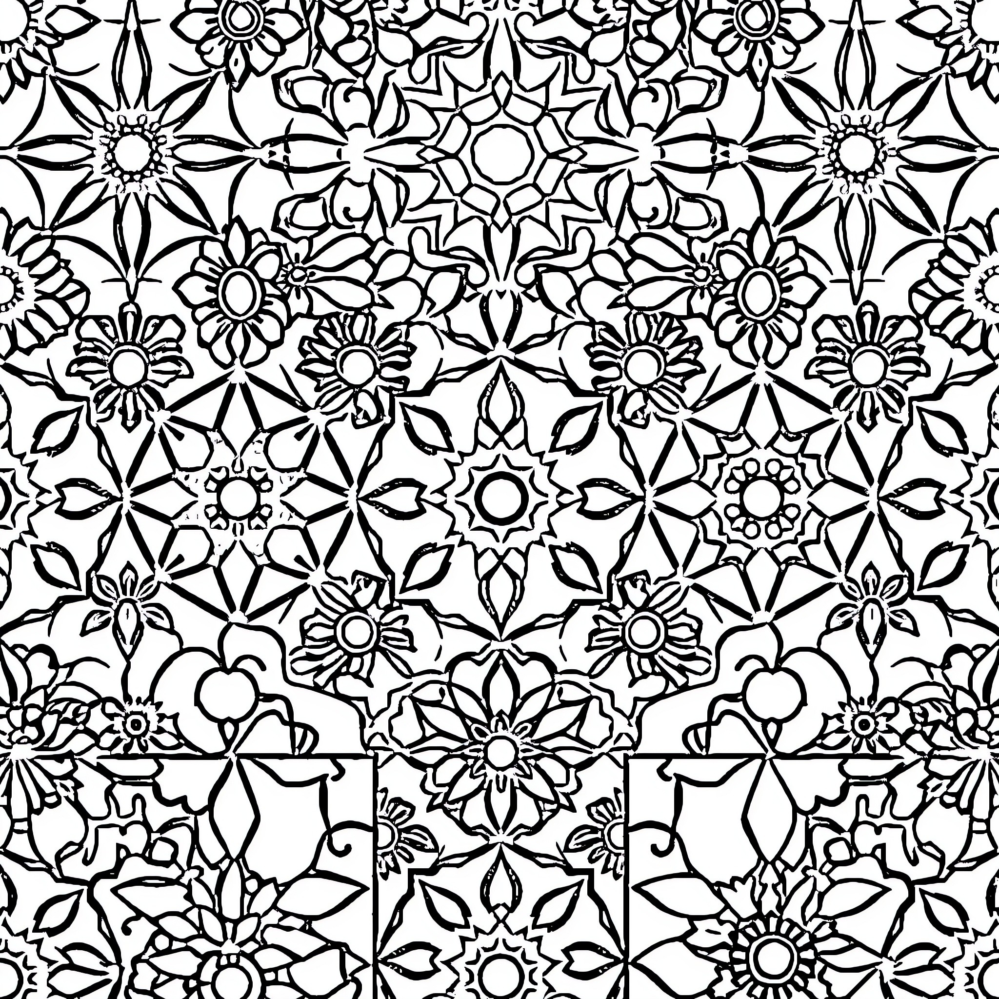 Mosaic of Intricate Floral Patterns Coloring Page (free black-and-white line drawing printable PDF for all, from beginners to advanced learners, including children, teens, adults, and seniors)