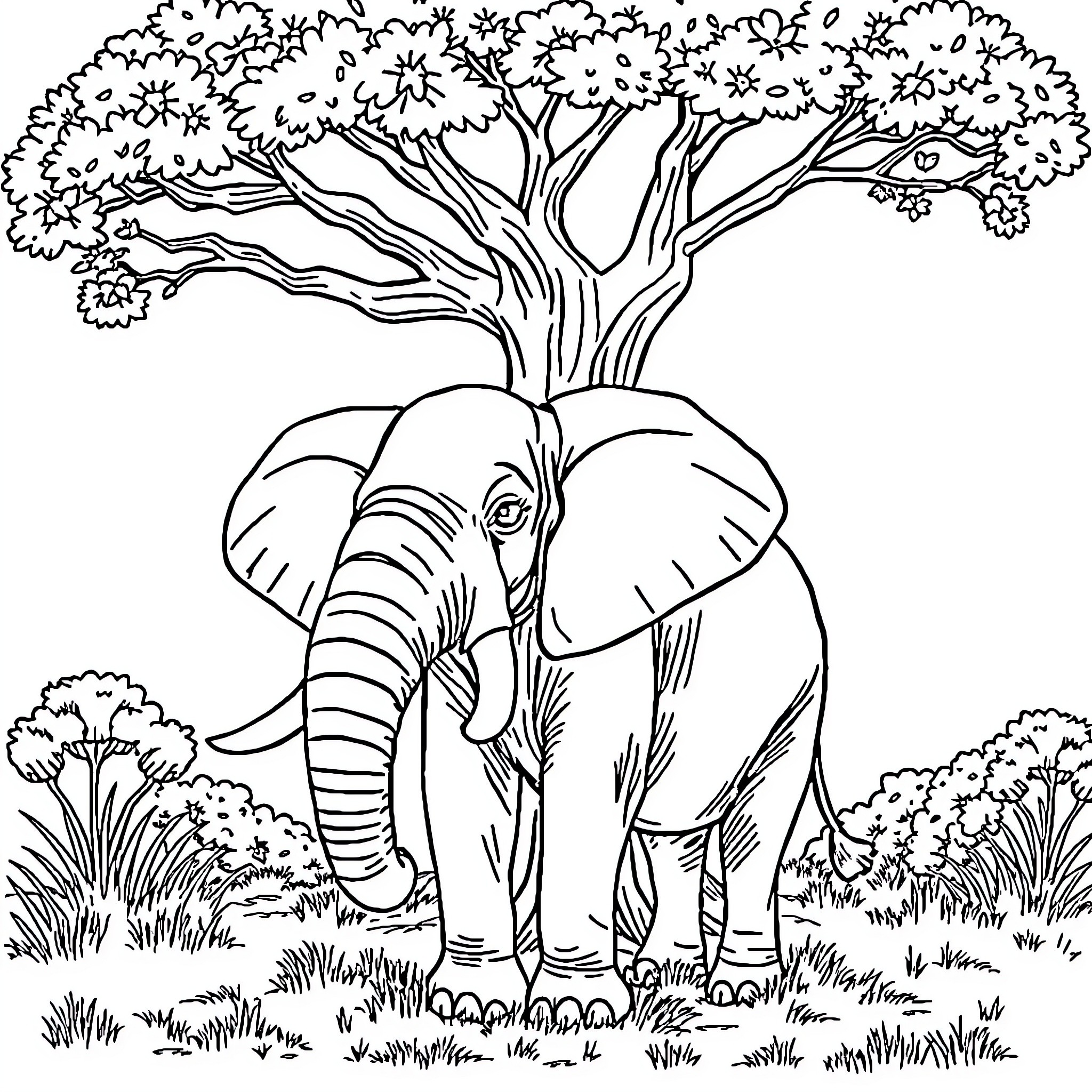 Elephant standing proudly in the lush forest Coloring Page (free black-and-white line drawing printable PDF for all, from beginners to advanced learners, including children, teens, adults, and seniors)