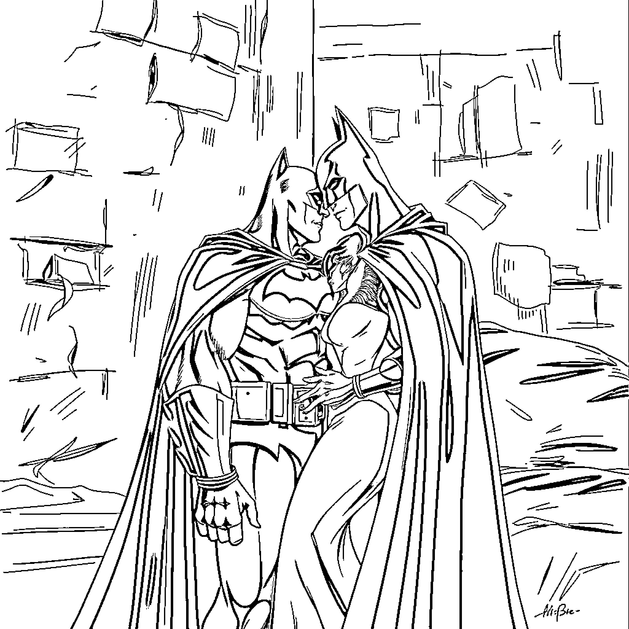 Batman in Action Amid City Chaos Coloring Page (free black-and-white line drawing printable PDF for all, from beginners to advanced learners, including children, teens, adults, and seniors)