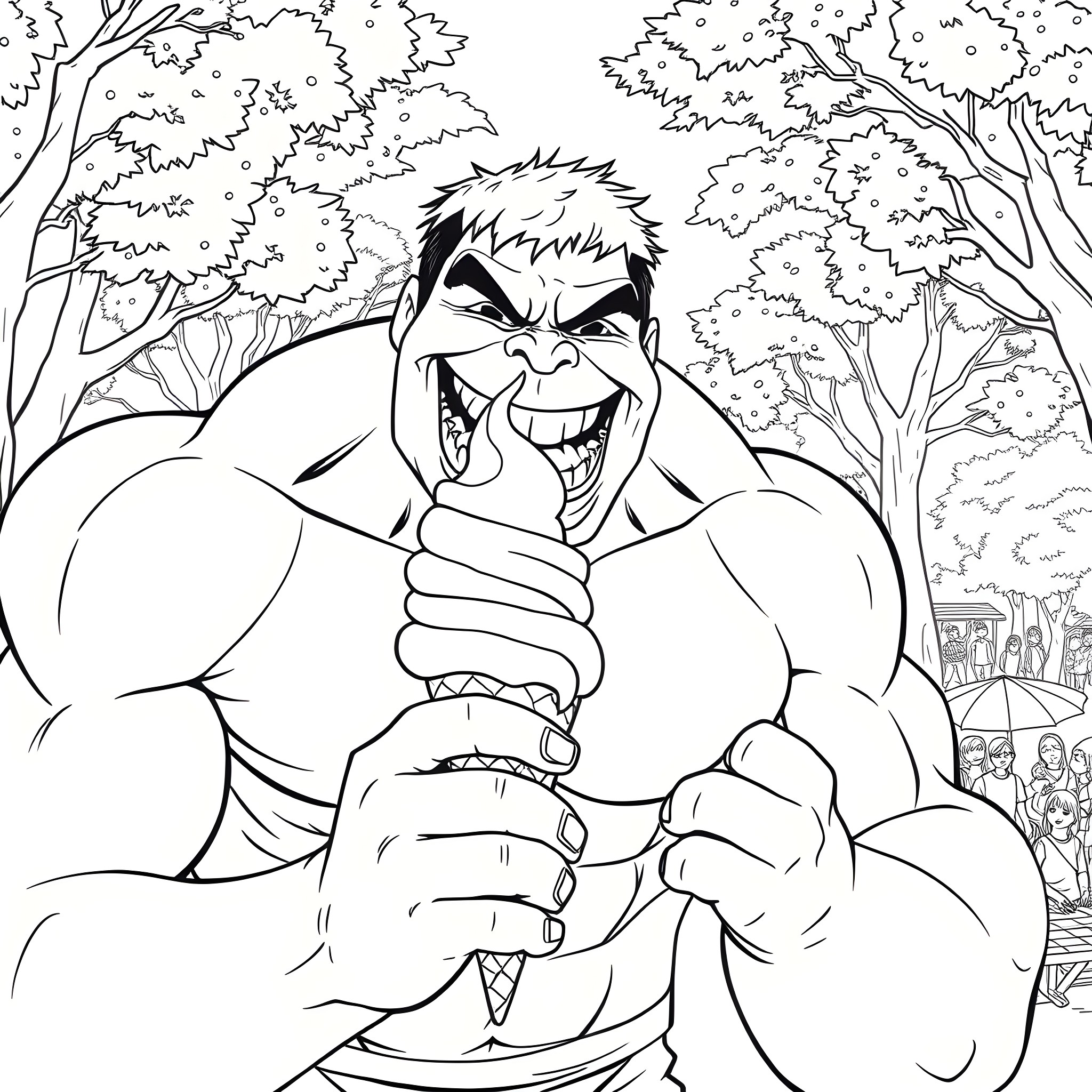 Hulk Unleashing His Fury in the Wilderness Coloring Page (free black-and-white line drawing printable PDF for all, from beginners to advanced learners, including children, teens, adults, and seniors)