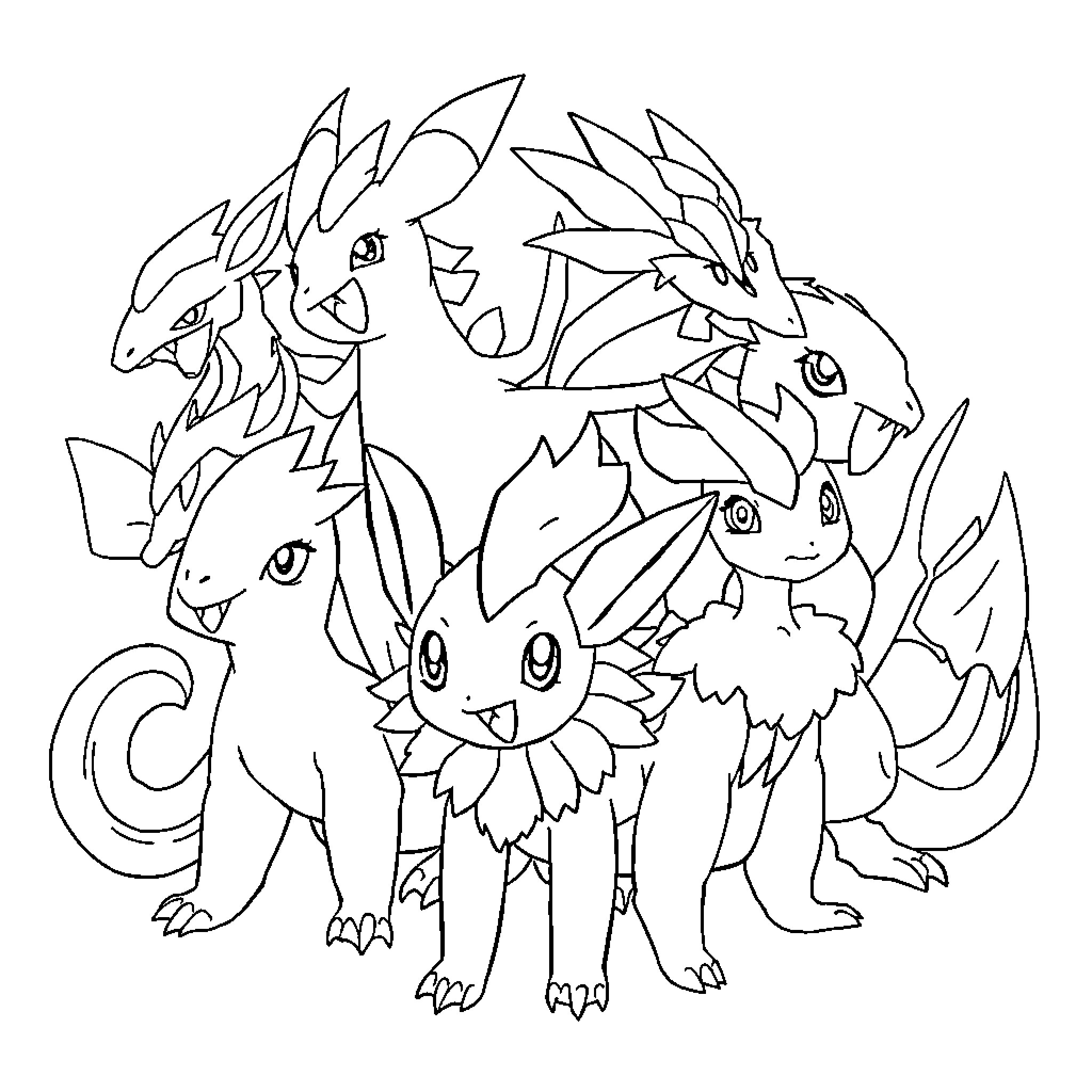 Pokémon Creatures Gathered in Group Coloring Page (free black-and-white line drawing printable PDF for all, from beginners to advanced learners, including children, teens, adults, and seniors)