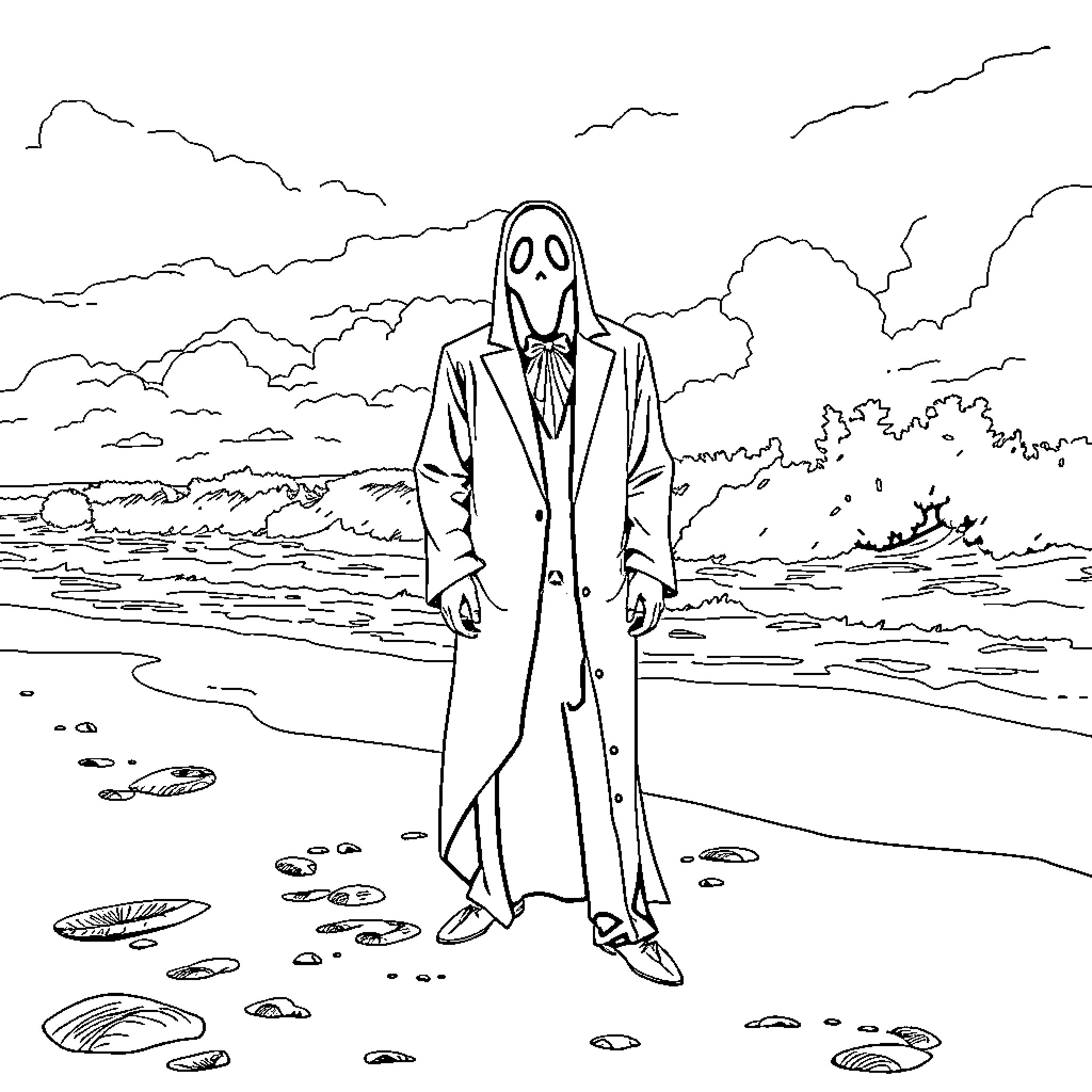 Ghostface walking alone on a mysterious beach Coloring Page (free black-and-white line drawing printable PDF for all, from beginners to advanced learners, including children, teens, adults, and seniors)