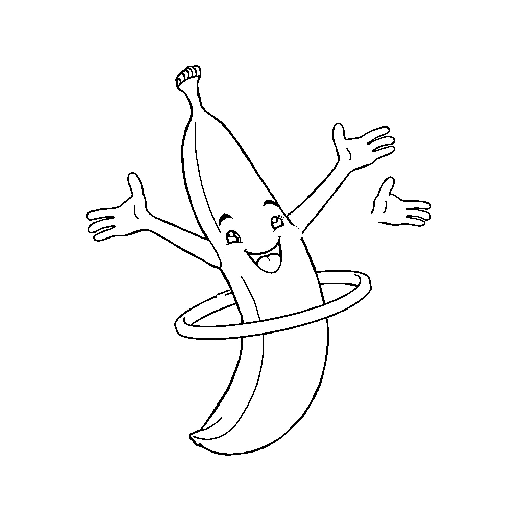 Banana joyfully playing with hula hoop Coloring Page (free black-and-white line drawing printable PDF for all, from beginners to advanced learners, including children, teens, adults, and seniors)