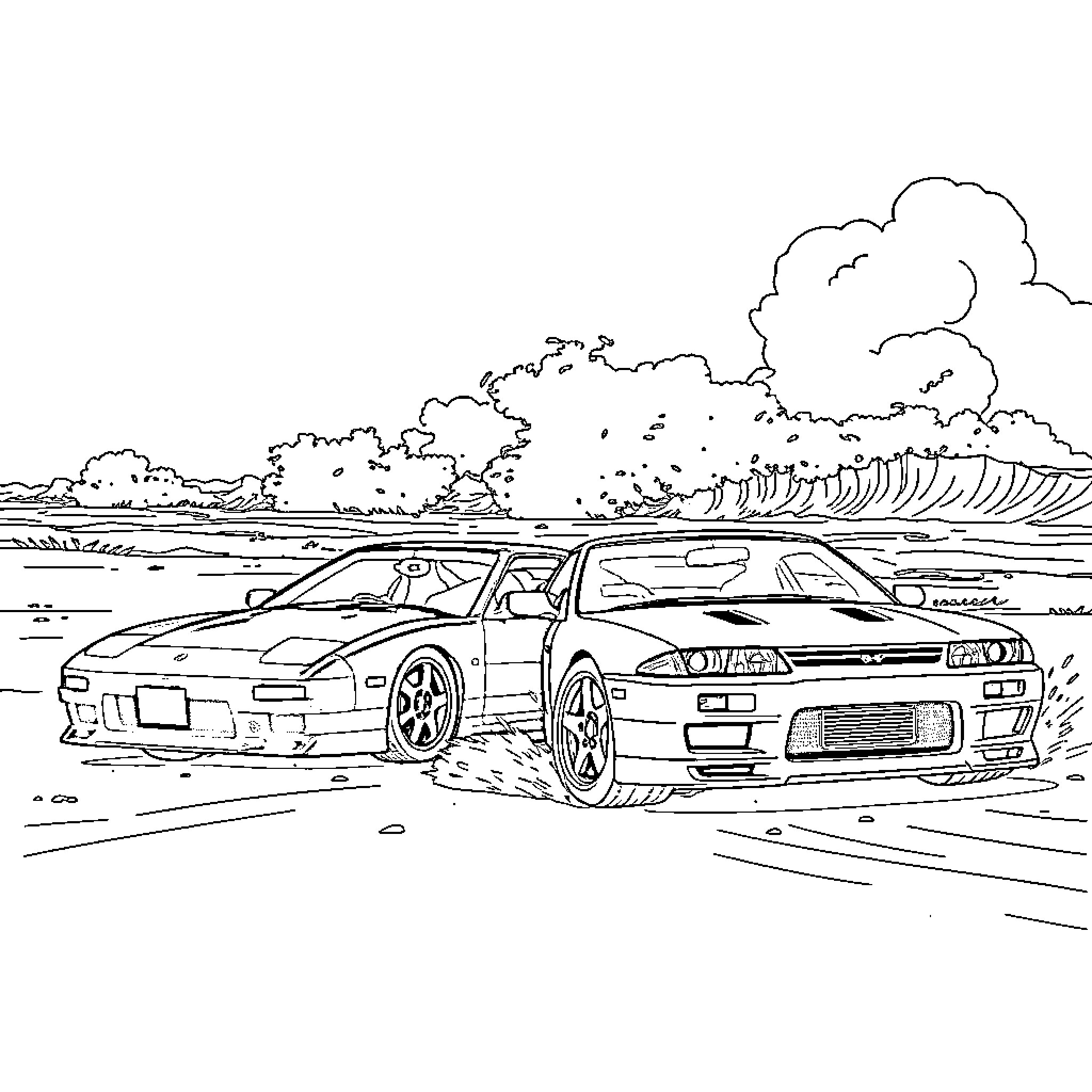 Cars racing on the beach with stormy clouds Coloring Page (free black-and-white line drawing printable PDF for all, from beginners to advanced learners, including children, teens, adults, and seniors)