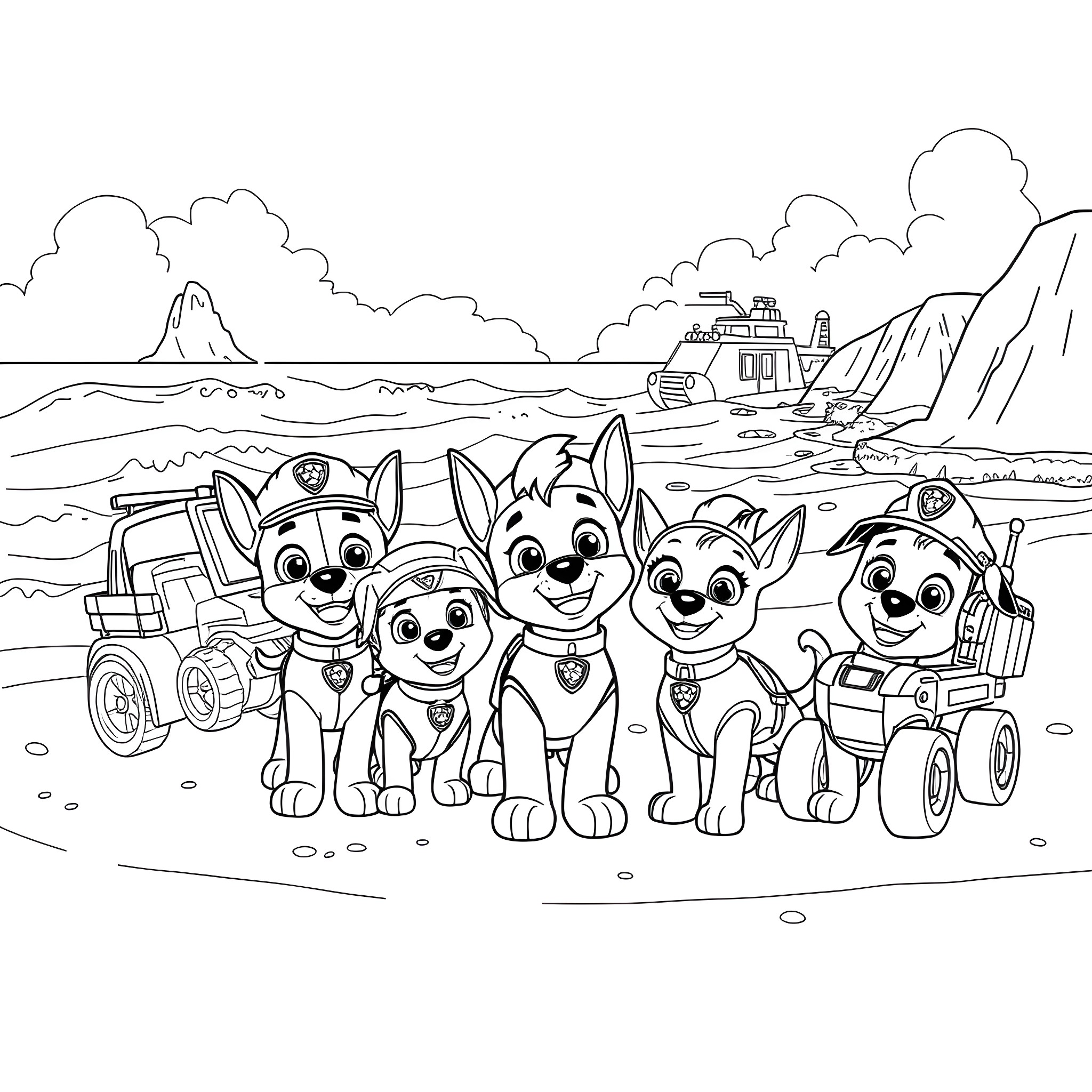 Paw Patrol pups on a rescue mission in the mountains Coloring Page (free black-and-white line drawing printable PDF for all, from beginners to advanced learners, including children, teens, adults, and seniors)
