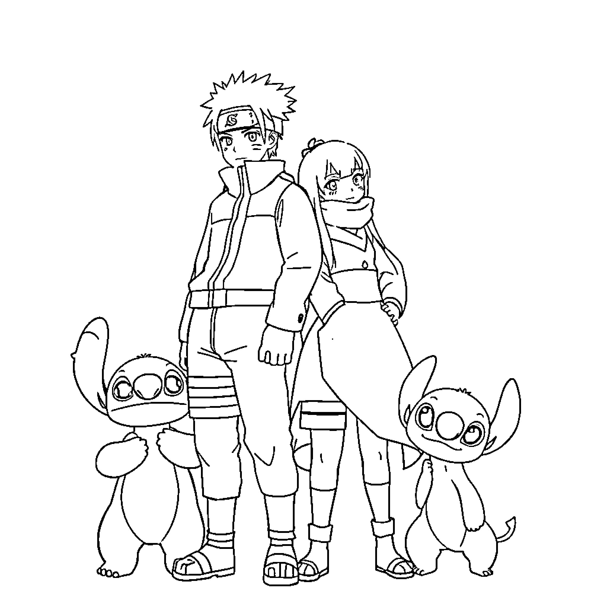 Naruto and Friends on an Adventure Coloring Page (free black-and-white line drawing printable PDF for all, from beginners to advanced learners, including children, teens, adults, and seniors)