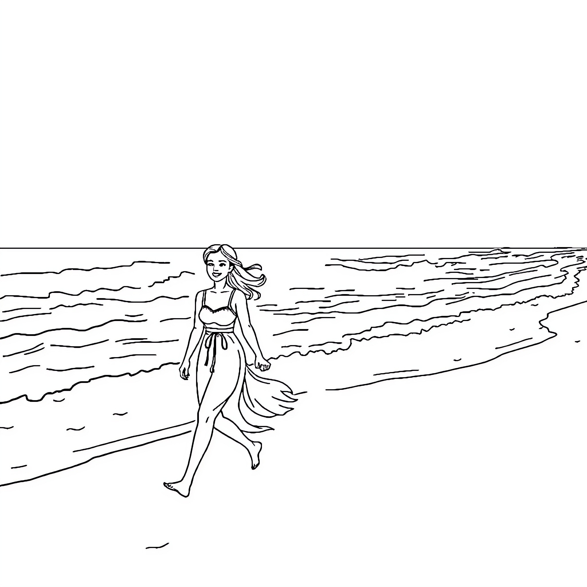 Couple enjoying a stroll on the beach Coloring Page (free black-and-white line drawing printable PDF for all, from beginners to advanced learners, including children, teens, adults, and seniors)