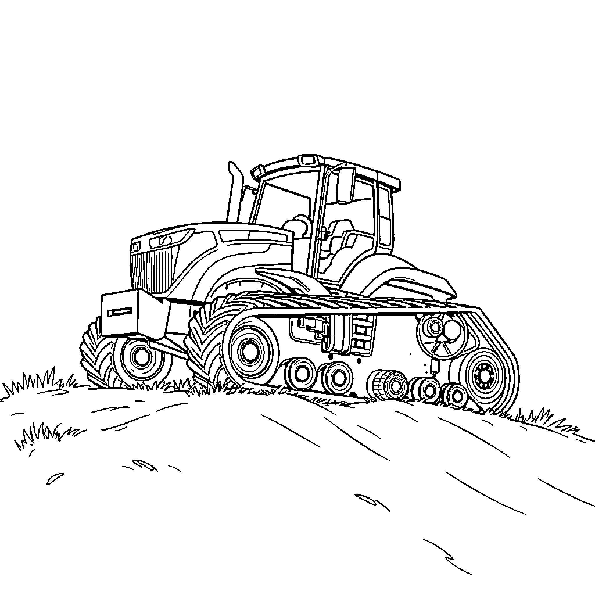 Spider Tractor plowing through the field Coloring Page (free black-and-white line drawing printable PDF for all, from beginners to advanced learners, including children, teens, adults, and seniors)
