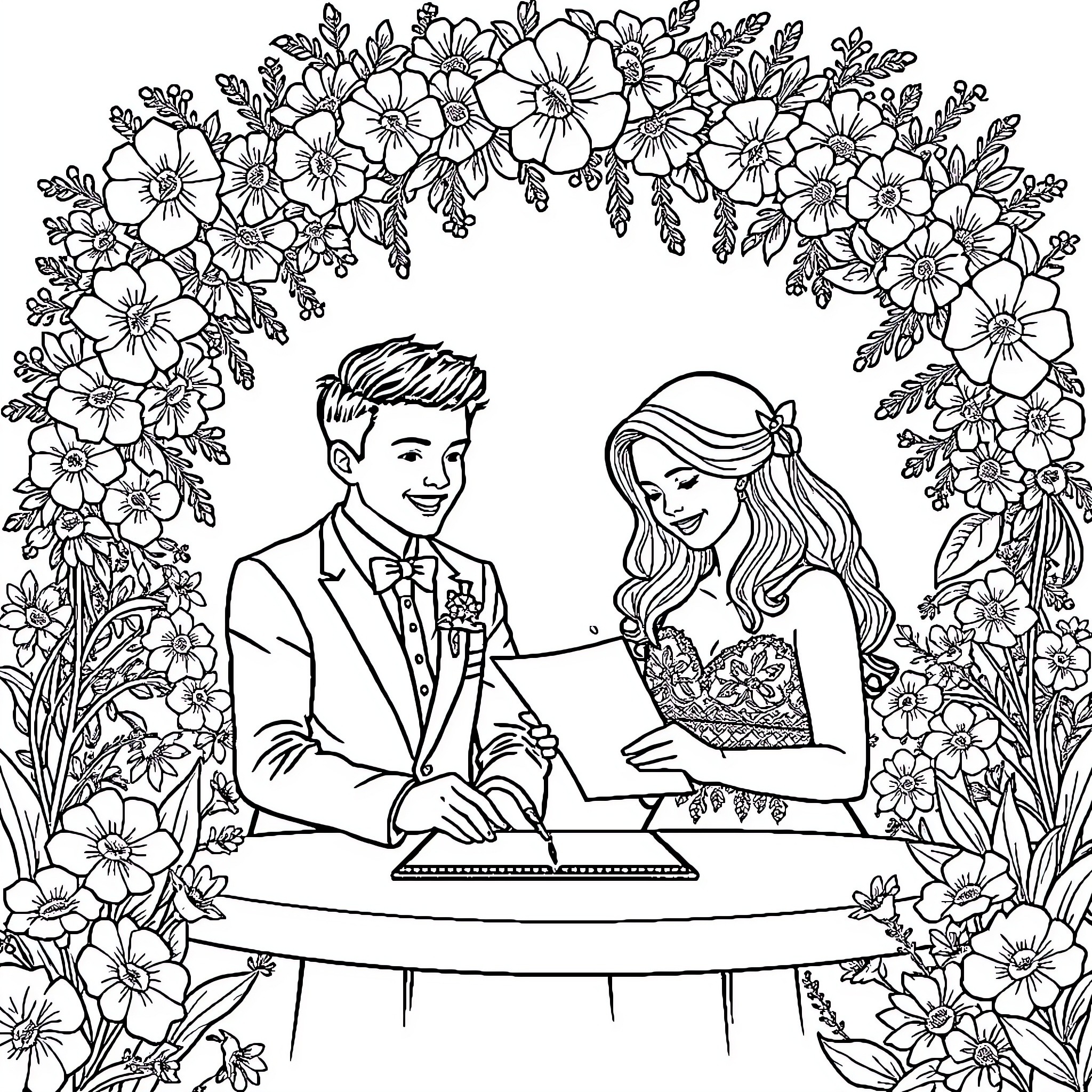 Wedding Celebration with Flowers and Joyful Couple Coloring Page (free black-and-white line drawing printable PDF for all, from beginners to advanced learners, including children, teens, adults, and seniors)