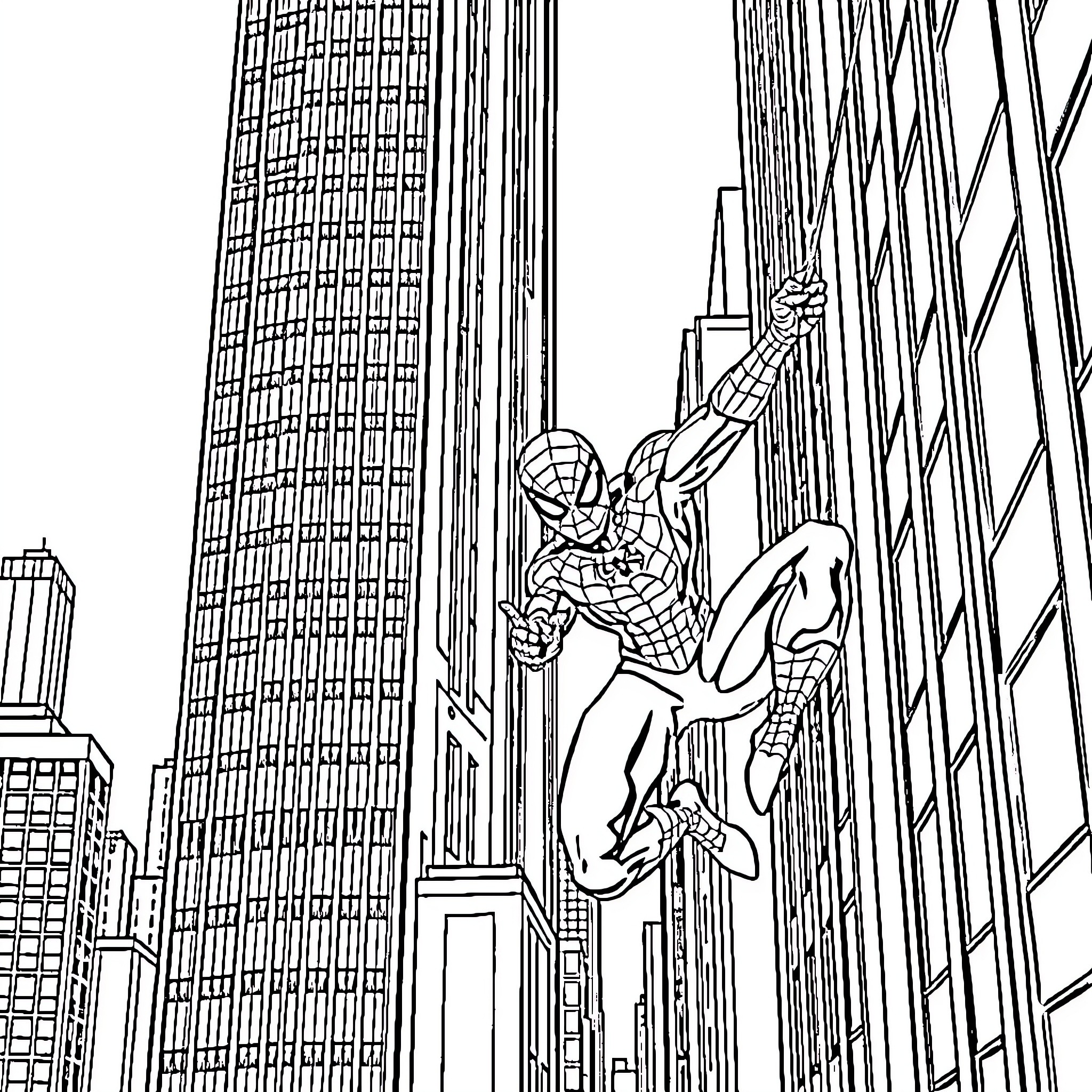 Spiderman swinging through towering skyscrapers Coloring Page (free black-and-white line drawing printable PDF for all, from beginners to advanced learners, including children, teens, adults, and seniors)