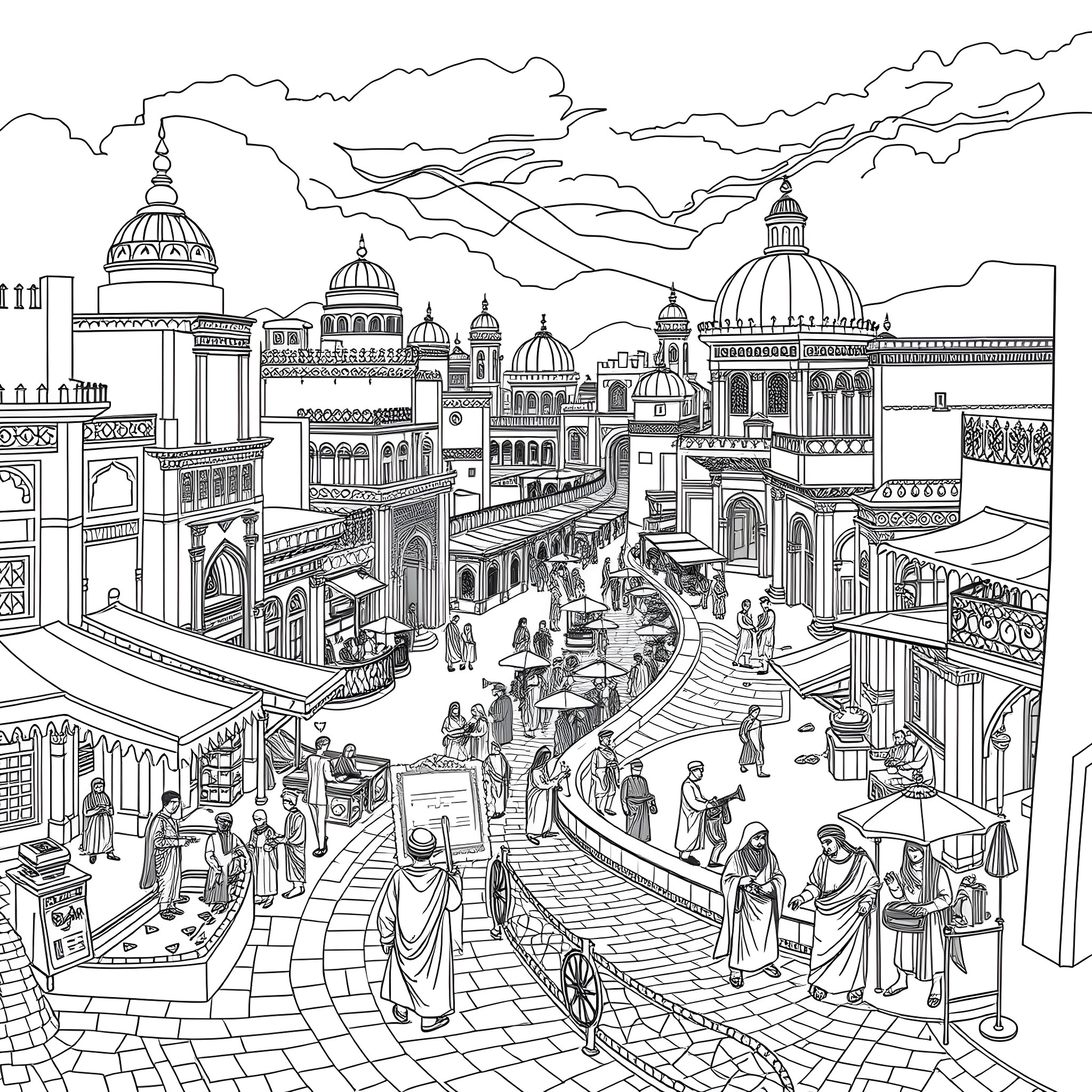 Ancient Life in a Vibrant City Marketplace Coloring Page (free black-and-white line drawing printable PDF for all, from beginners to advanced learners, including children, teens, adults, and seniors)