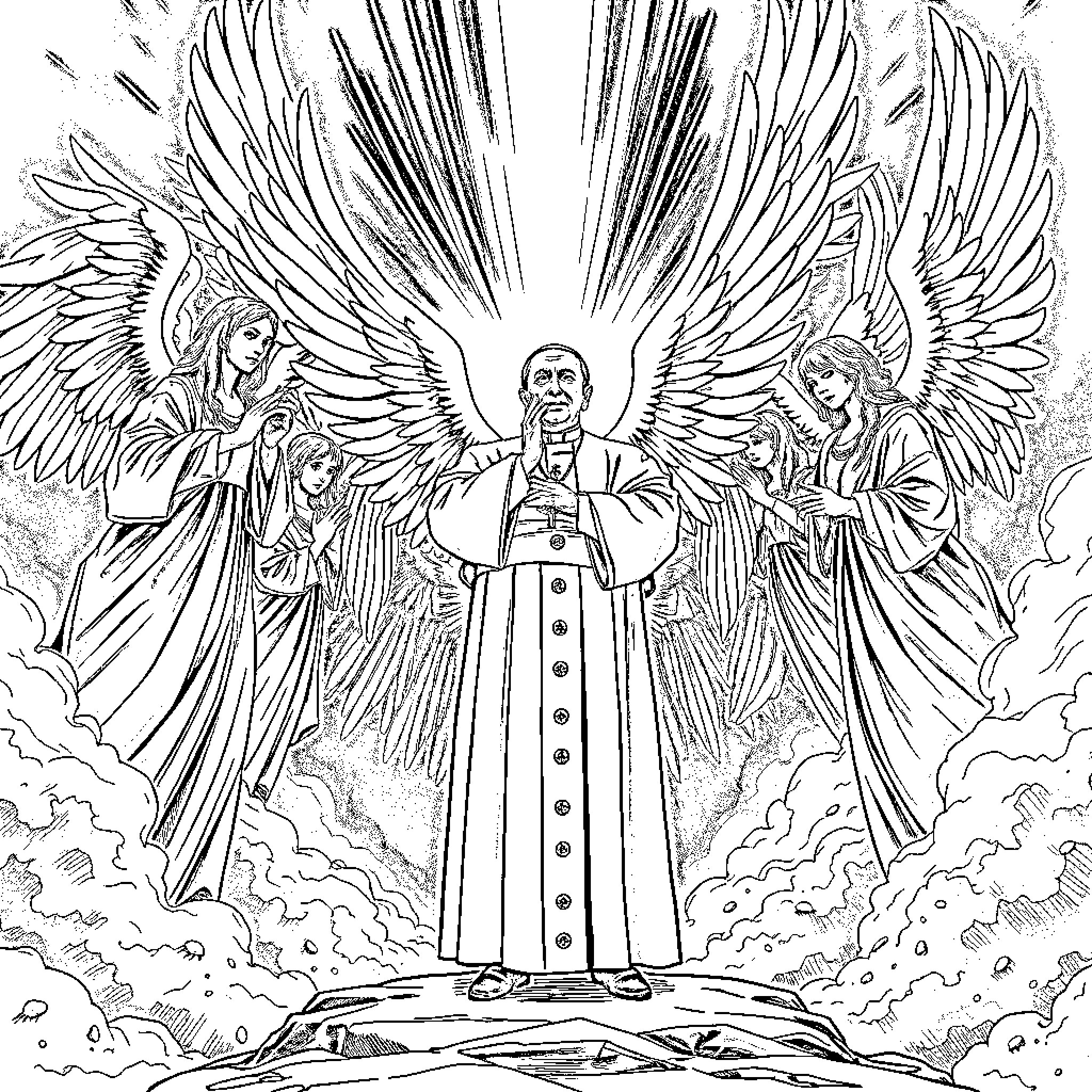 Angel Priests with Celestial Wings Coloring Page (free black-and-white line drawing printable PDF for all, from beginners to advanced learners, including children, teens, adults, and seniors)