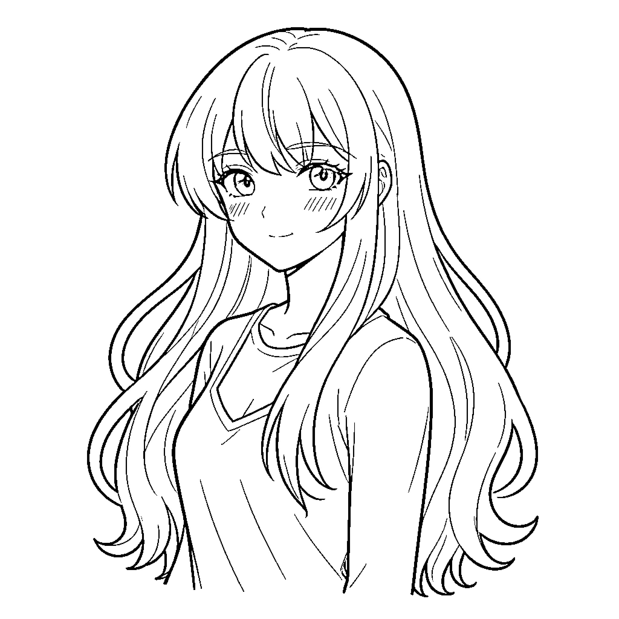 Anime Girl with Long Flowing Hair Coloring Page (free black-and-white line drawing printable PDF for all, from beginners to advanced learners, including children, teens, adults, and seniors)