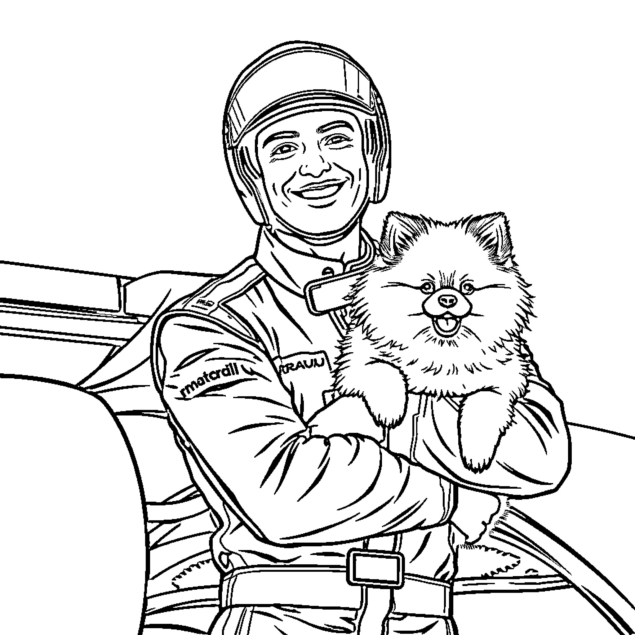 Formula One Driver Smiling with Pet Pup Coloring Page (free black-and-white line drawing printable PDF for all, from beginners to advanced learners, including children, teens, adults, and seniors)