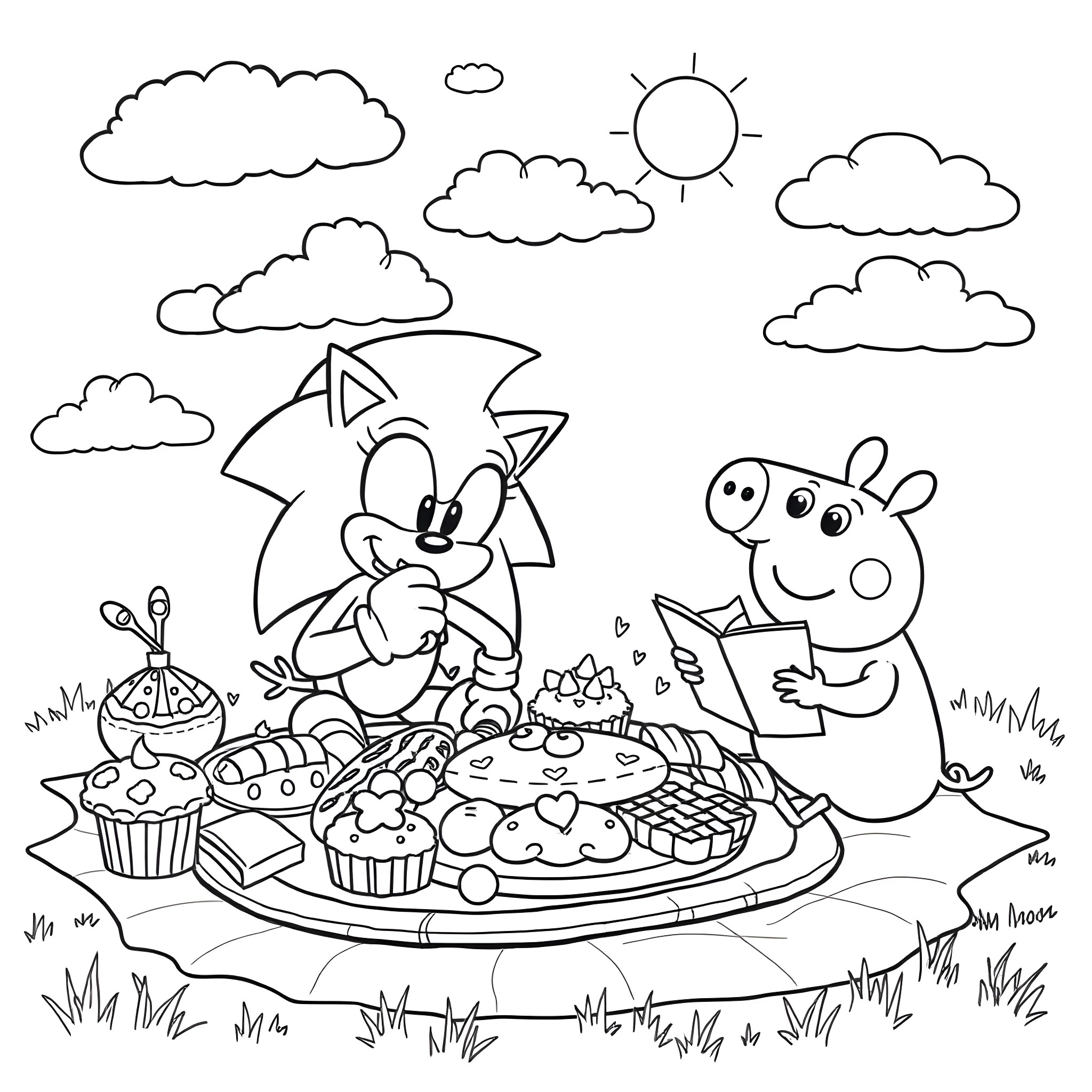 Sonic and friends enjoying a picnic with treats Coloring Page (free black-and-white line drawing printable PDF for all, from beginners to advanced learners, including children, teens, adults, and seniors)