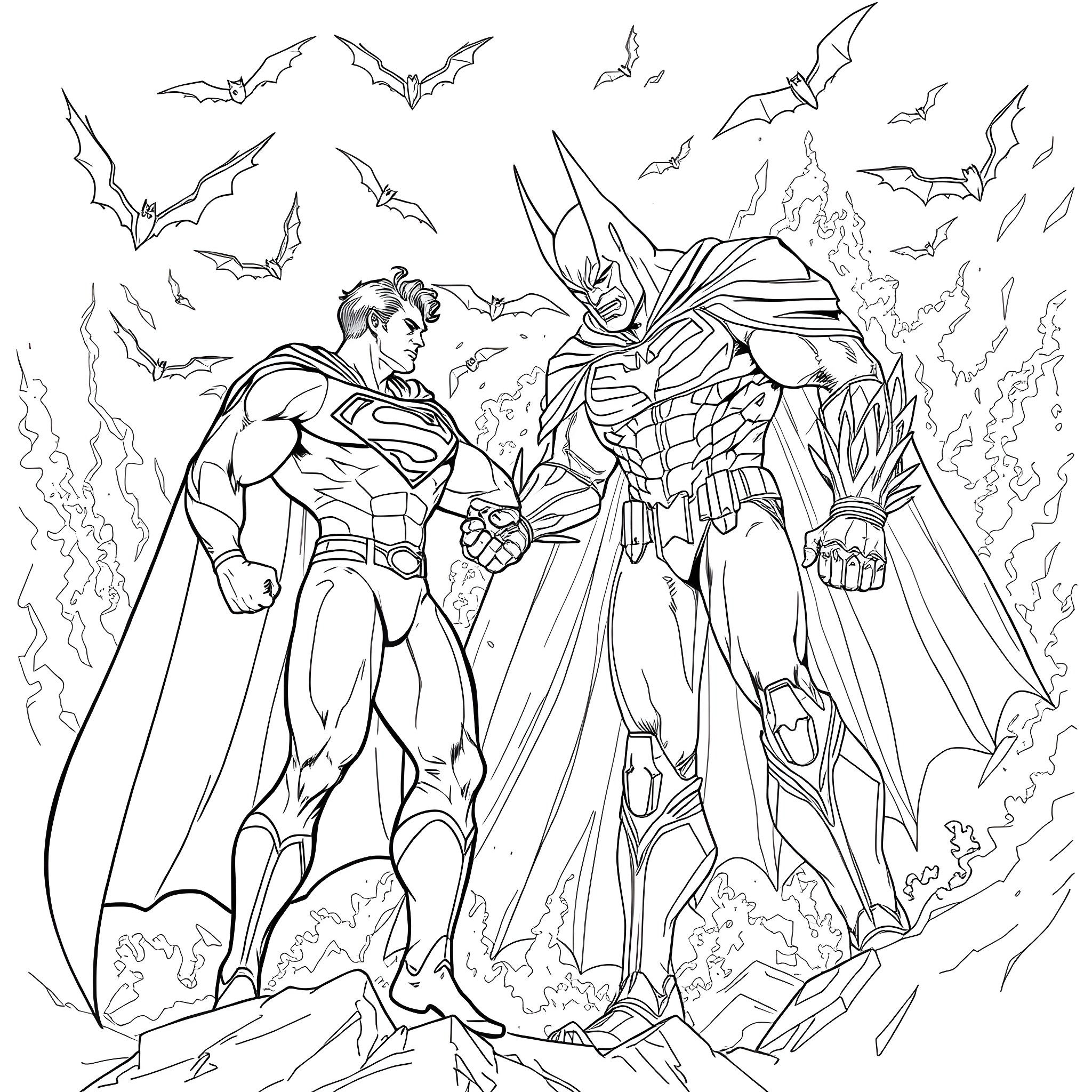 Superman and Batman in an epic showdown Coloring Page (free black-and-white line drawing printable PDF for all, from beginners to advanced learners, including children, teens, adults, and seniors)