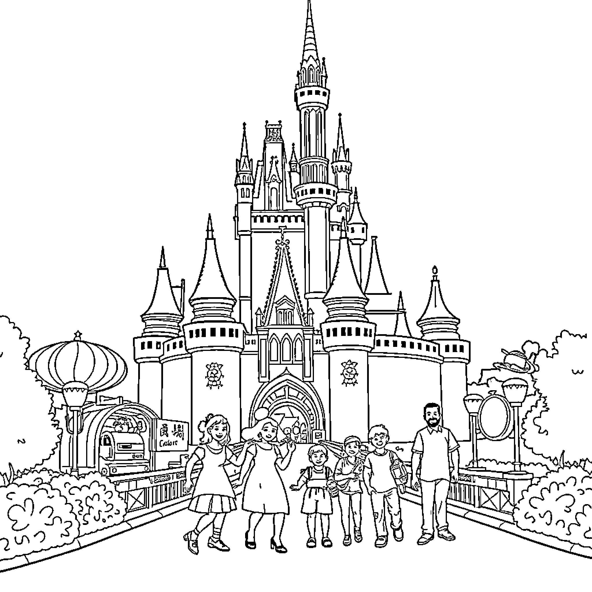 Disney World families exploring magical castle landscape Coloring Page (free black-and-white line drawing printable PDF for all, from beginners to advanced learners, including children, teens, adults, and seniors)