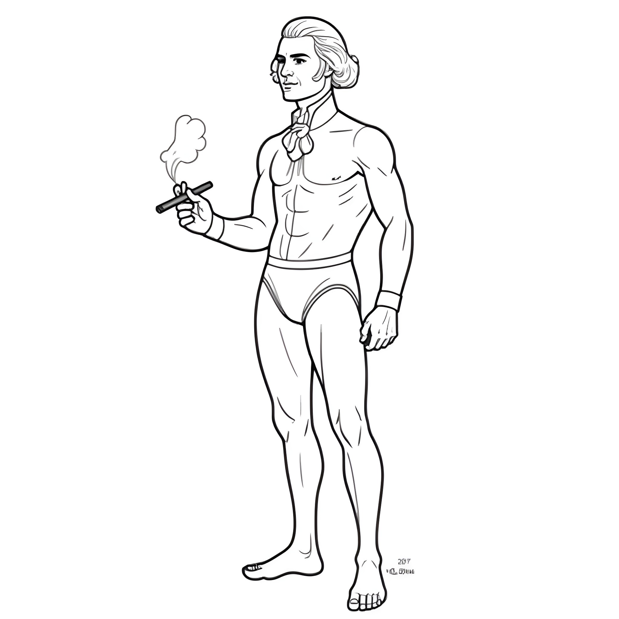 Thomas Jefferson in patriotic attire smoking a pipe Coloring Page (free black-and-white line drawing printable PDF for all, from beginners to advanced learners, including children, teens, adults, and seniors)