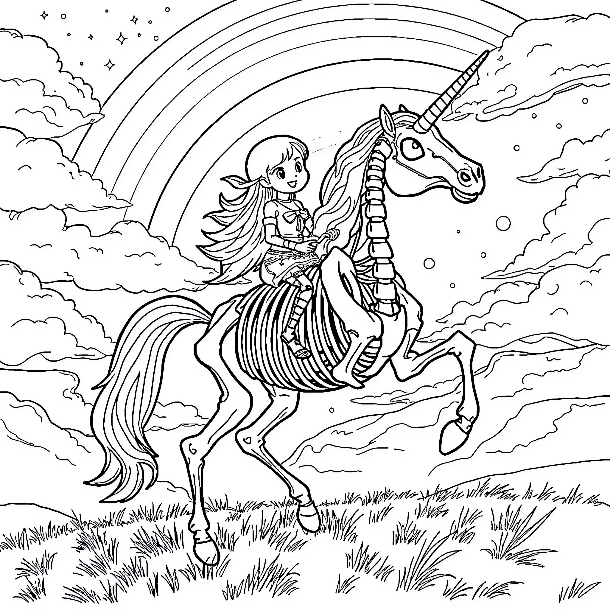 Rainbow Bright riding a magical unicorn Coloring Page (free black-and-white line drawing printable PDF for all, from beginners to advanced learners, including children, teens, adults, and seniors)